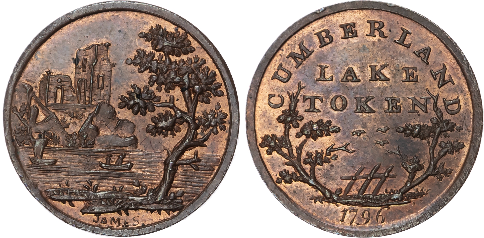 Cumb. Lake Farthing 1796, Lake with boats, castle ruins in the distance, rev fence dividing trees, legend abov…