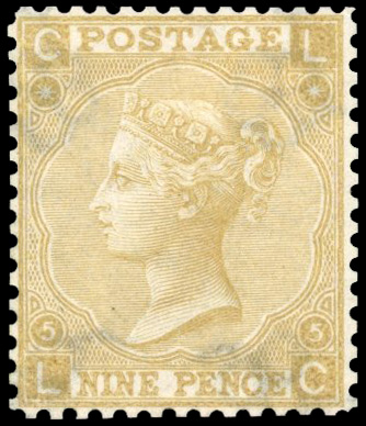 GB 1865-67 9d straw Plate 5 from stamp committee presentation album