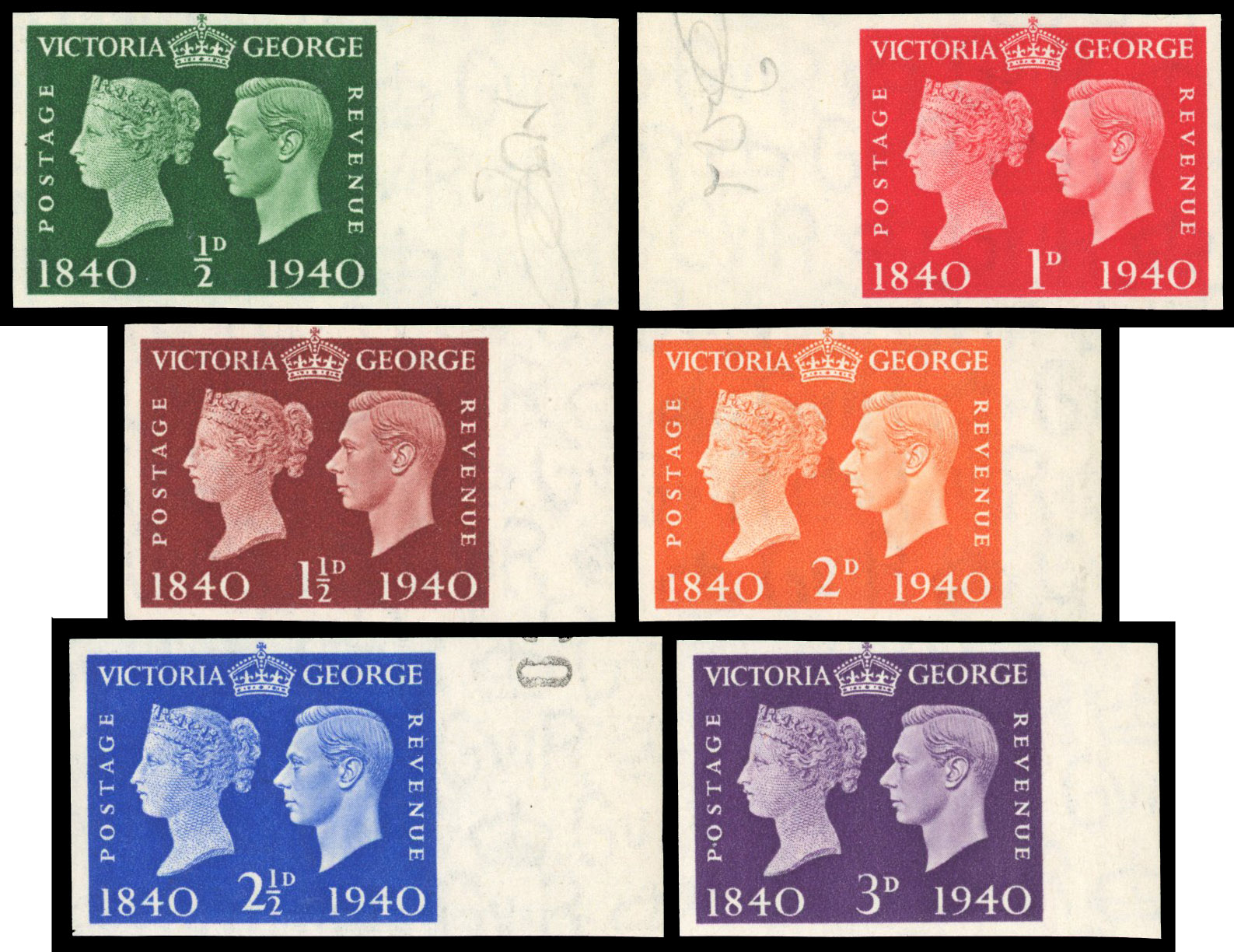 1940 Centenary set of six to 3d imperforate imprimaturs, SG 478/484var