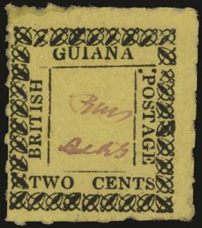 BRITISH GUIANA SG 119 1862 (Sept) Typeset 2c black on yellow, type 10, pos. R2/2, signed, lpog