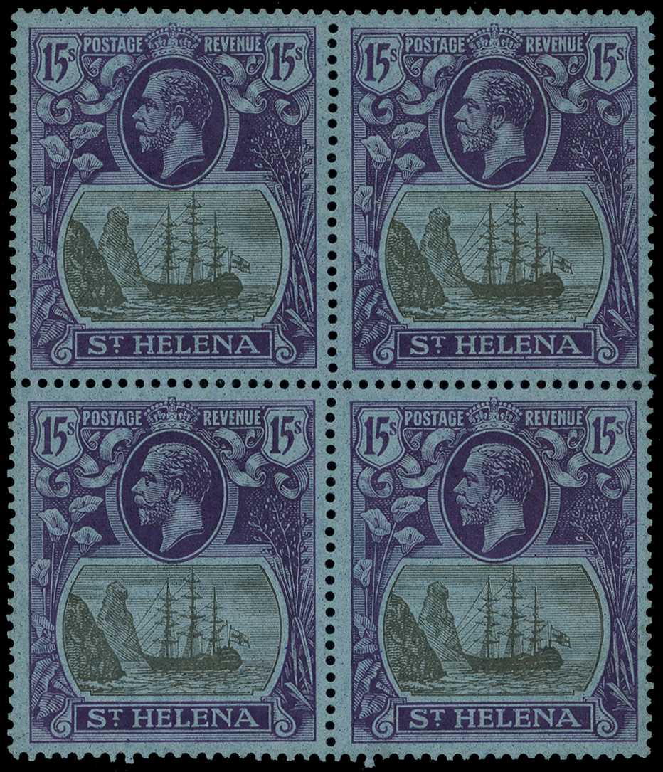 1922 15s grey and purple on blue, mint block of four, fresh and well centred, Brandon certificate (1993)