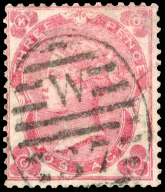 1862 3d Bright carmine-rose Pl.2 (OK), showing WMK INVERTED used, bearing London W/37 numeral, small surface abreashion to...