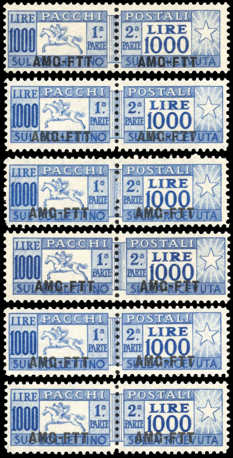 ITALY TRIESTE Zone A 1954 Parcel Post 1000L in all six types unmounted o.g.