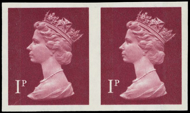 1971-96 1p crimson (FCP/PVAD), two bands, horizontal pair error ‘IMPERFORATE
