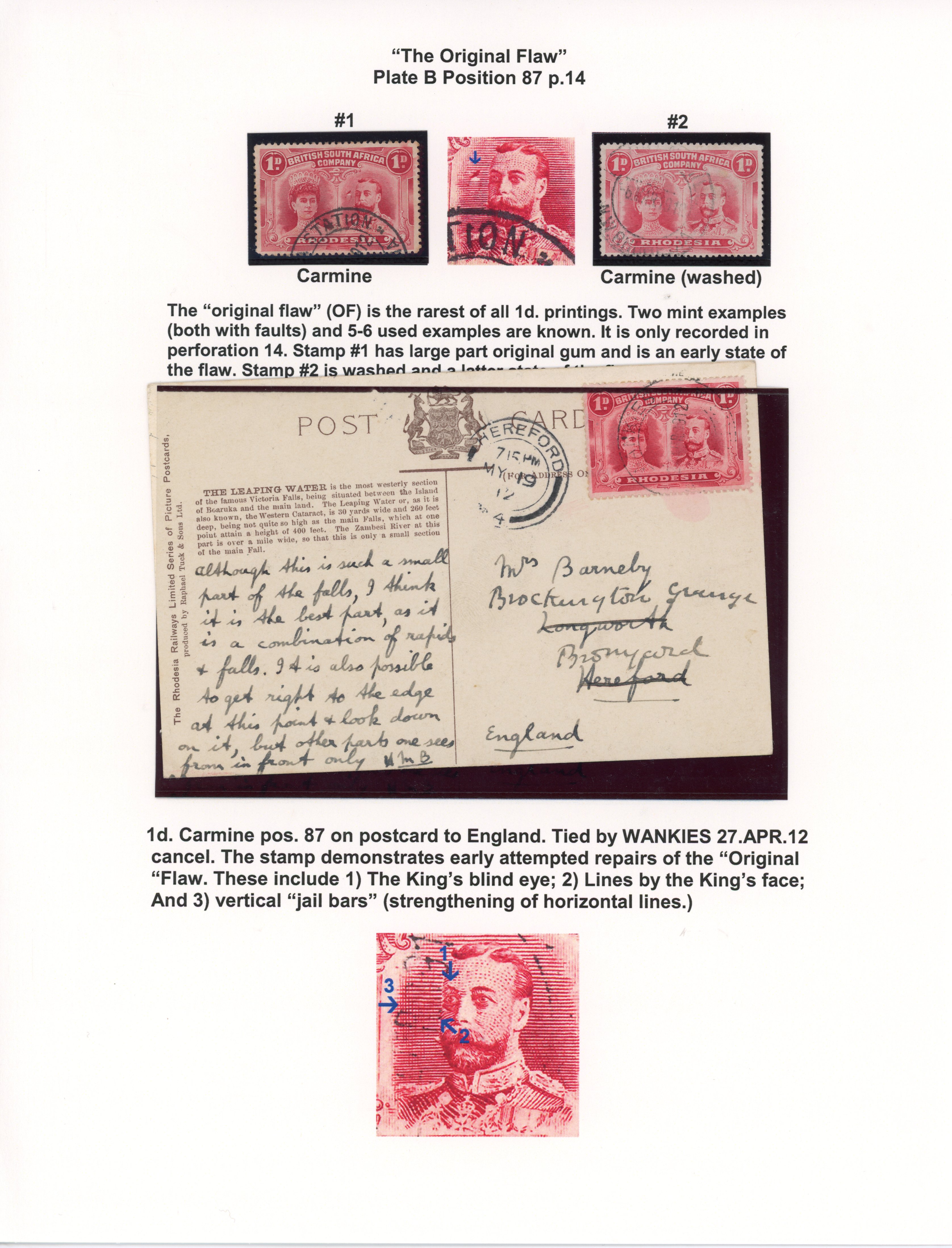 Rhodesia 1910-13 1d carmine-red perf 14 with original flaw used