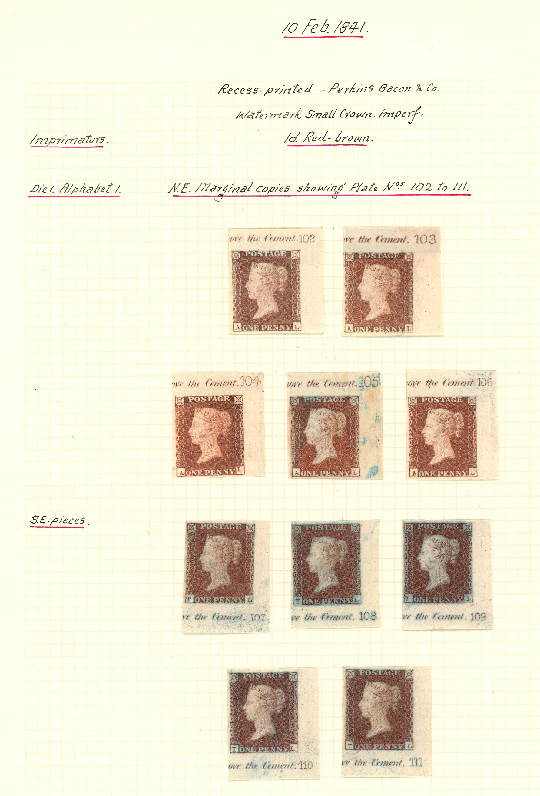 1841 1d red-brown Plates 102-111 (AL or TL) imperforate...