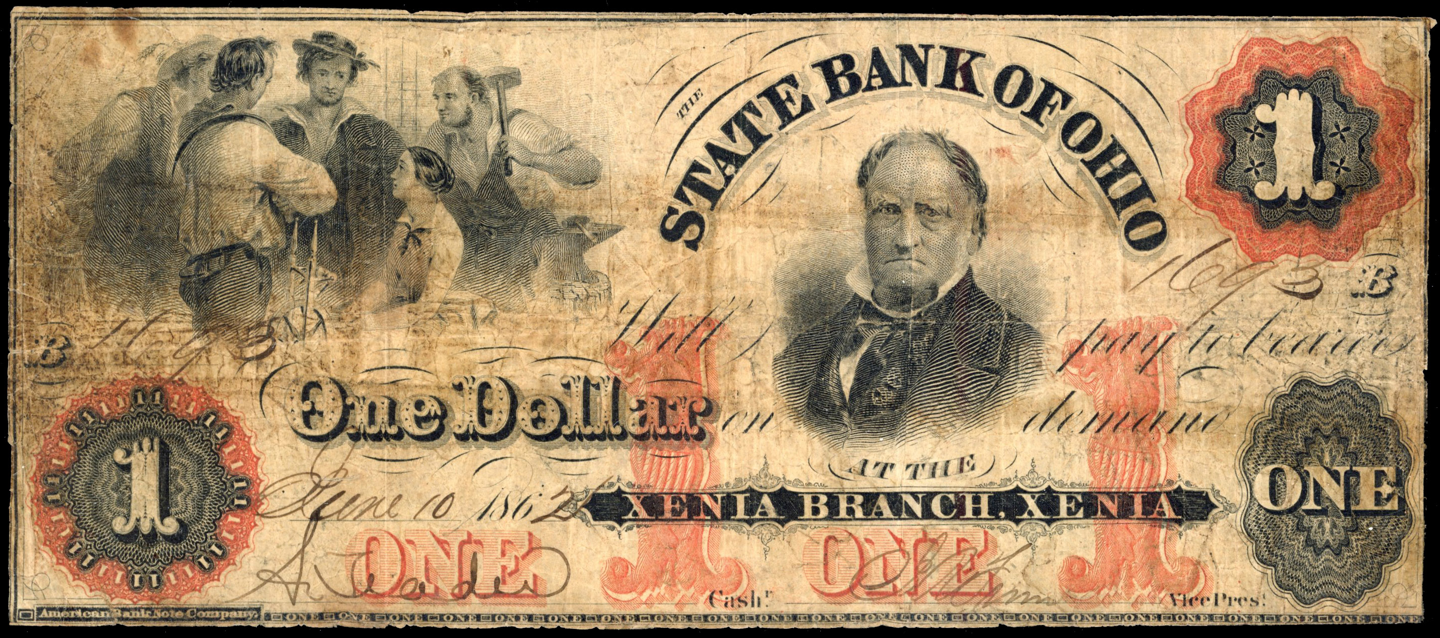 USA, OH. Xenia, State Bank of Ohio, One dollar, 10 Jun. 1862. Fine, minor stains, sound.…