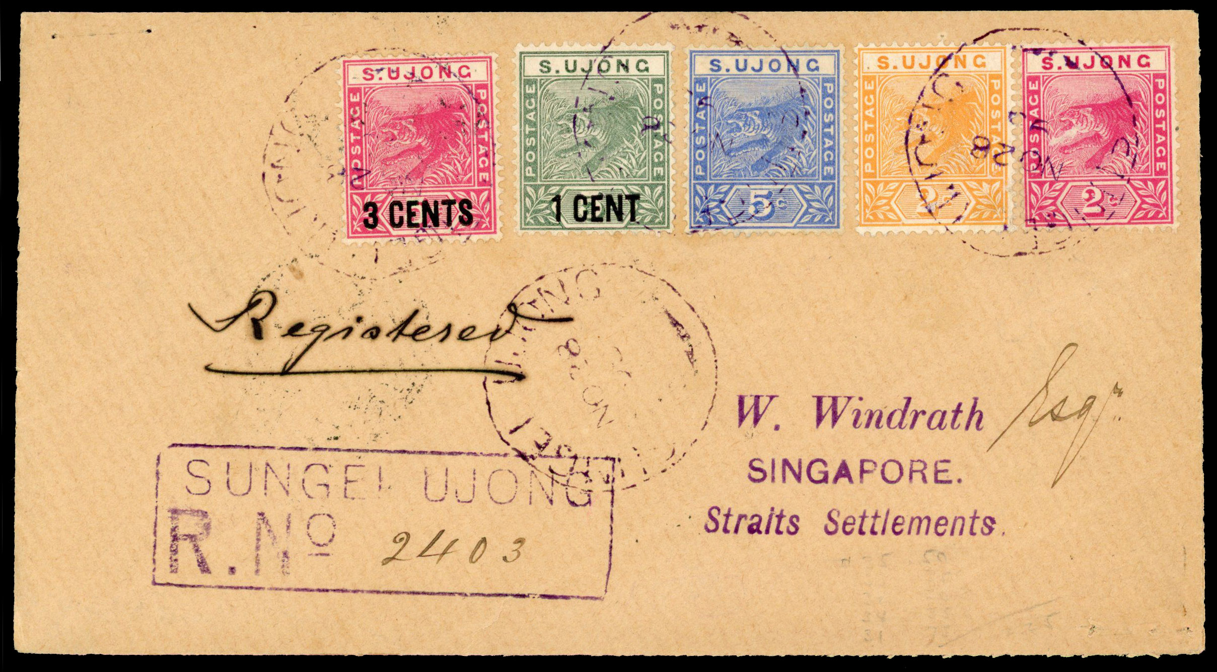 SUNGEI UJONG: 1898 Windrath registered cover to Singapore bearing 1891 2c rose, 2c orange and 5c, plus 1894 1c