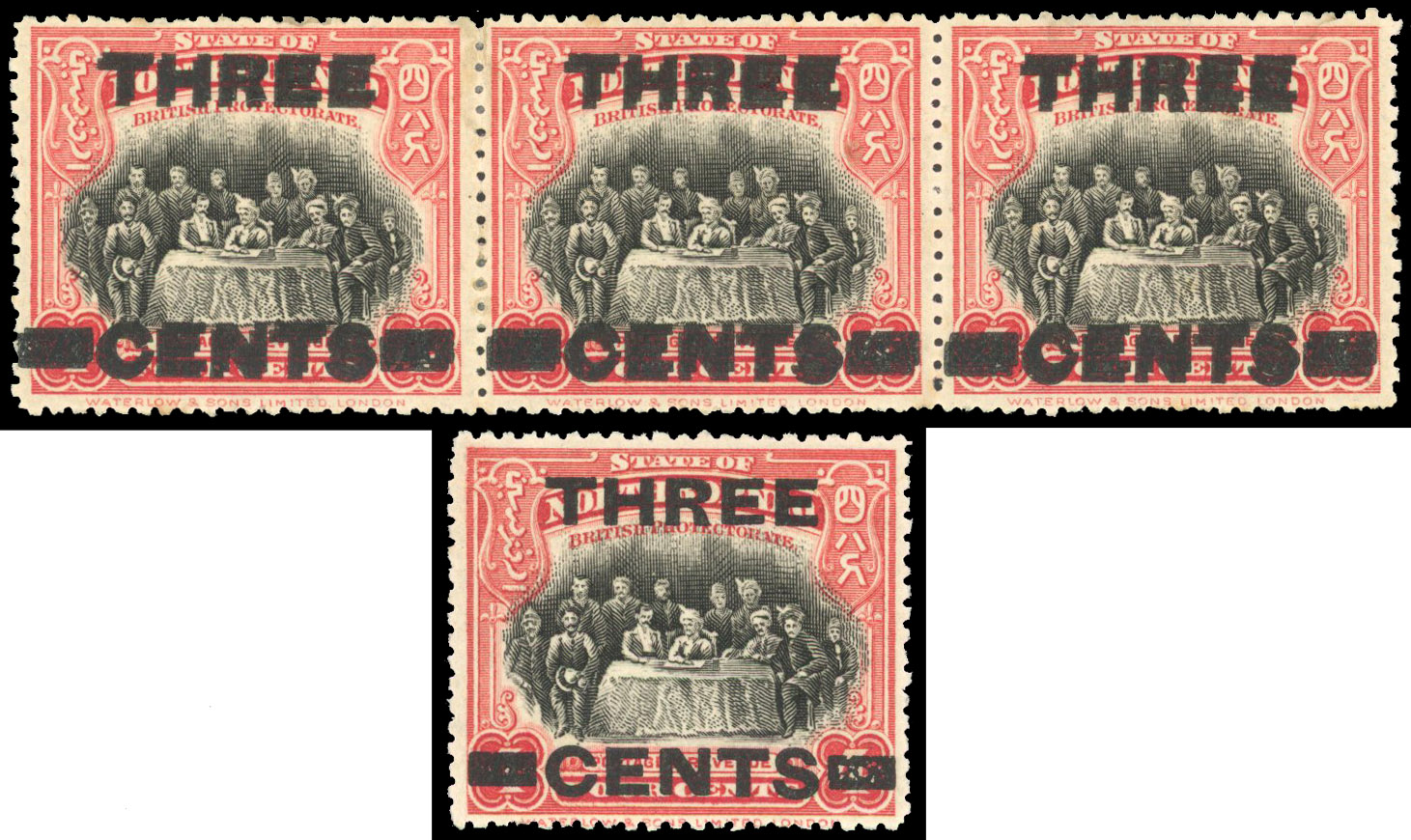 North Borneo 1923 ‘THREE/CENTS’ on 4c black and scarlet strip of 3 with error SURCHARGE DOUBLE