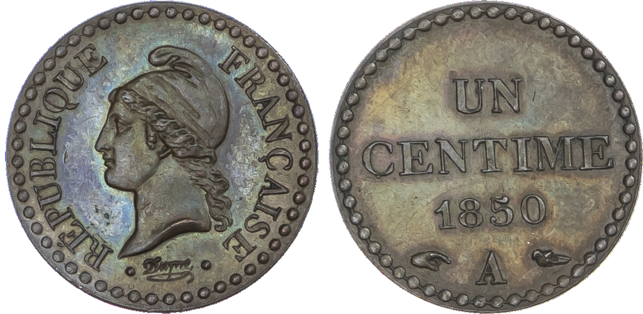 France, Second Republic (1848‑1852), copper Essai 1 Centime, 1850 A.