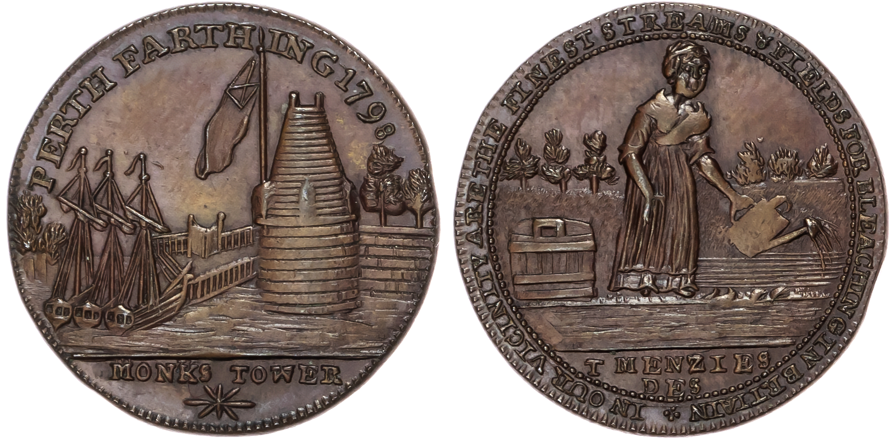 Perths. , John Ferrier Farthing 1798, three ships at quayside by conical tower (Monks Tower by the Tay, demoli…