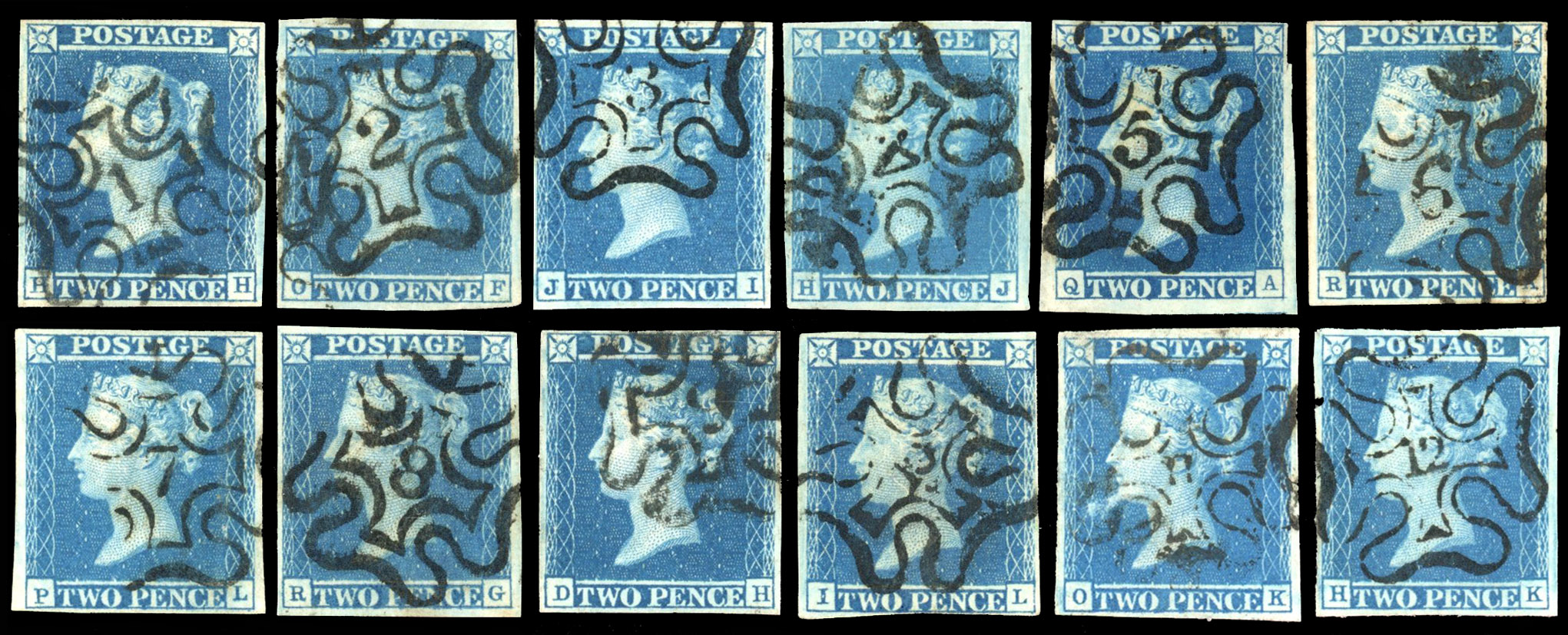 GB 1841-51 2d blue group of 12 used examples with Numbers 1-12 in Maltese Crosses, Spec. E1va/vl, SG 13/15var