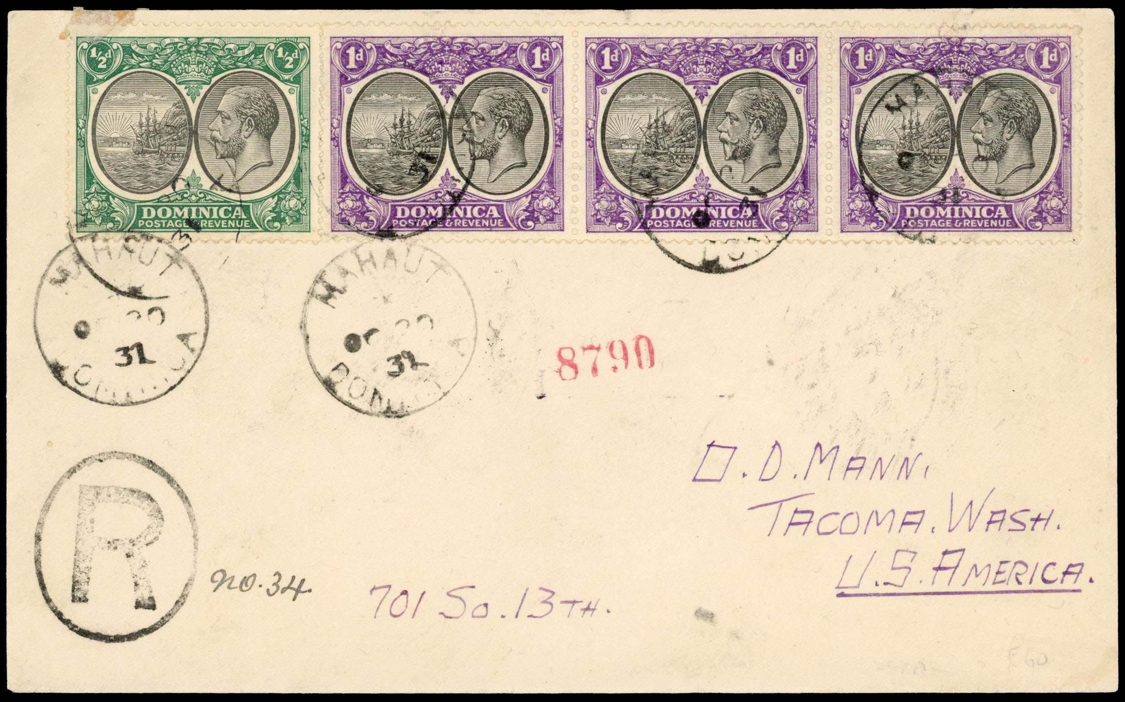 1932 registered cover to USA franked ½d and 1d (3), tied ‘MAUHUT/OC 20 32’ cds with ‘1’ in year date changed to ‘2’