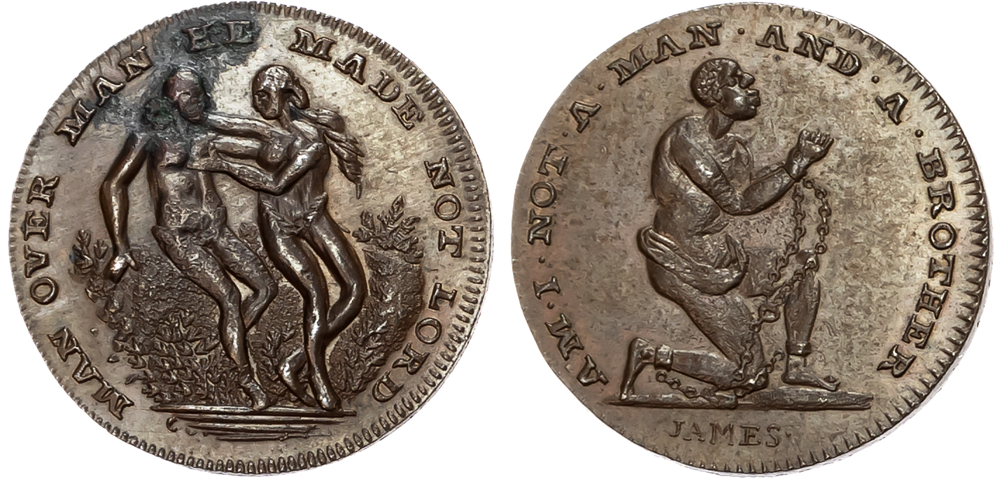 London , Holborn , Thomas Spence Farthing undated, Adam & Eve seated, rev . a shackled African slave kneeling right, edg …
