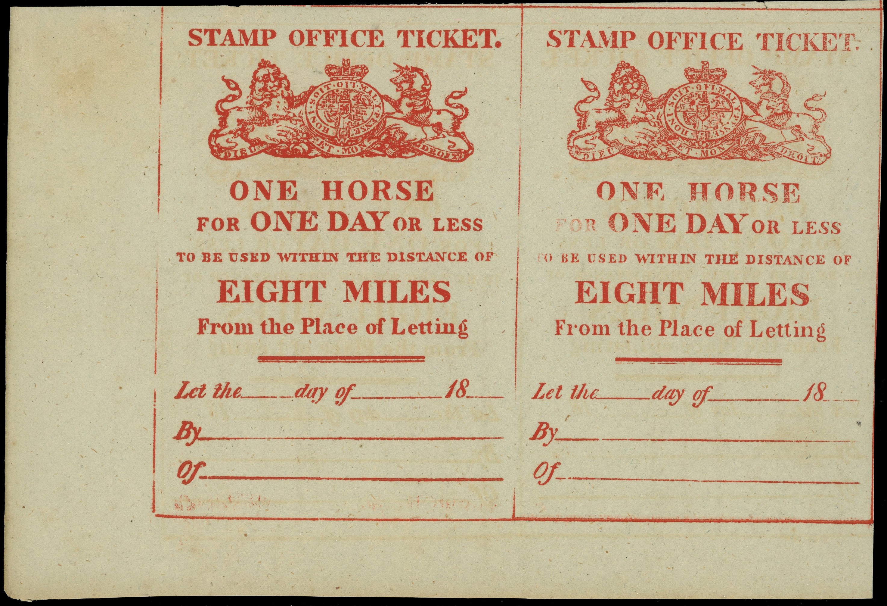 Hired Horse Duty: 1827 Mileage Ticket one horse, one day 8 miles. 