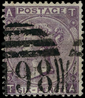 1865-67 6d lilac, plate 6 (TA), showing ‘WATERMARK ERROR THREE ROSES AND A SHAMROOCK’, neatly cancelled