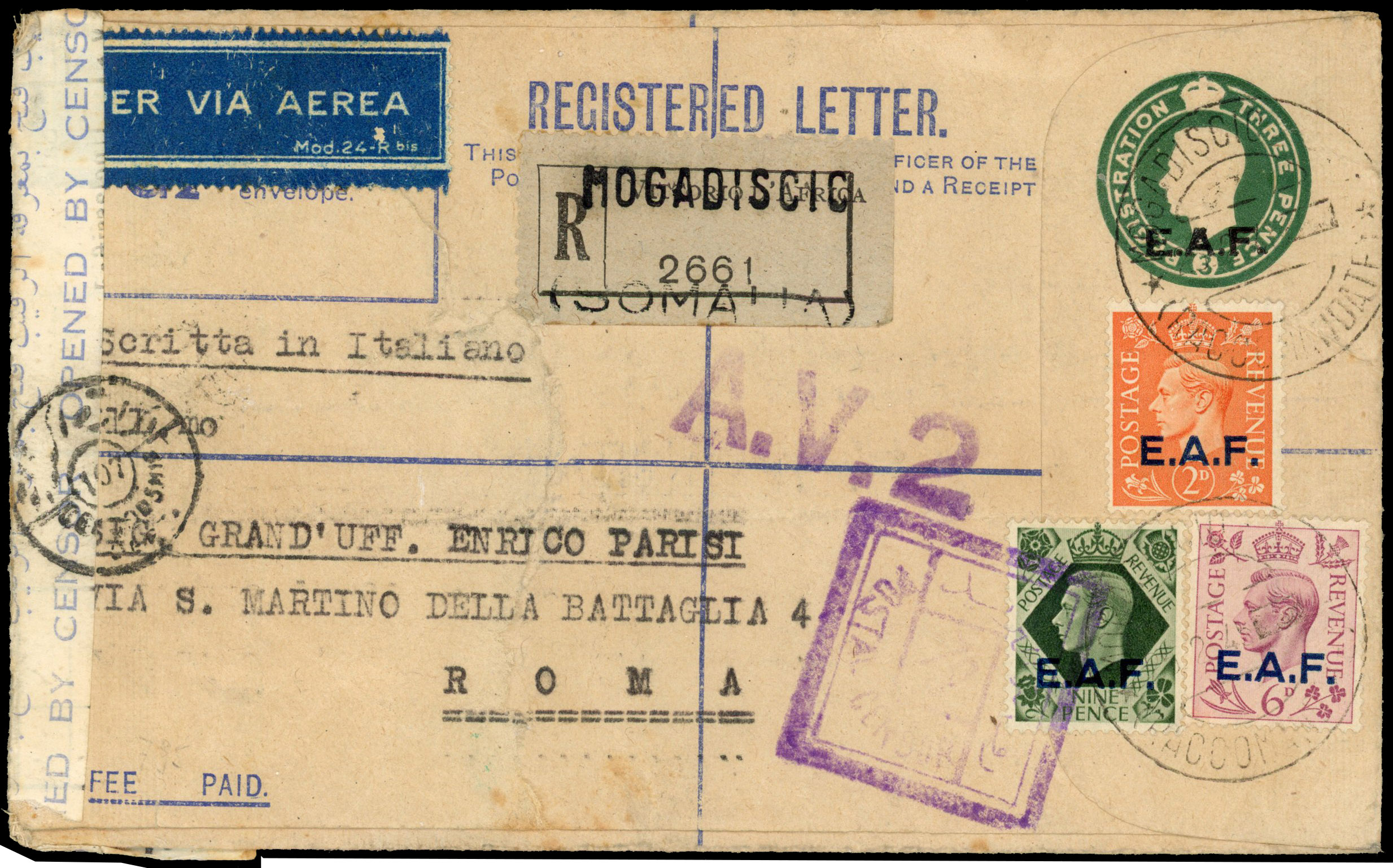 BOIC Somalia reg. postal stationery envelope used
