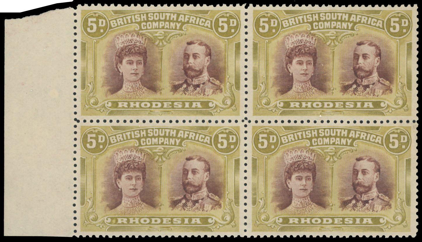5d purple-brown and olive-yellow SG 141a block, positions 26-32 mint