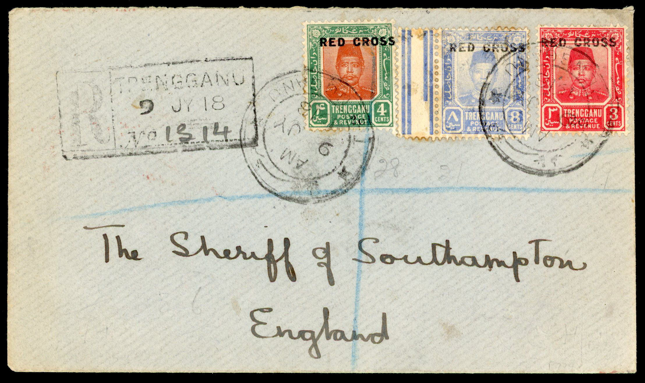TRENGGANU: 1918 registered cover to England bearing 3c+2c, 4c+2c and 8c+2c Red Cross tied by Trengganu