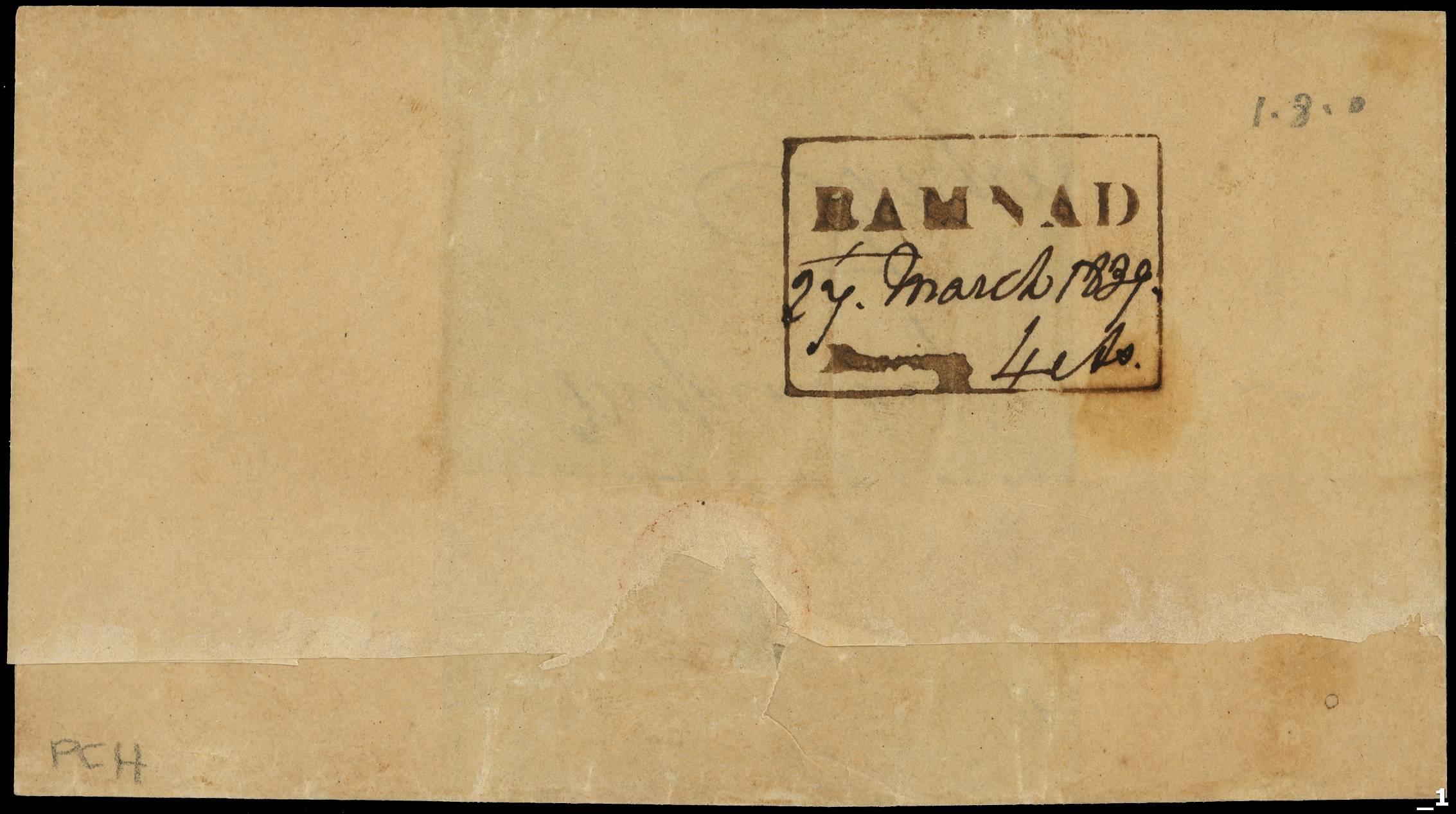 India POSTAL HISTORY: Pre-stamp 1839 wrapper to The Reverend T Brotherton, Missionary, Tanjore
