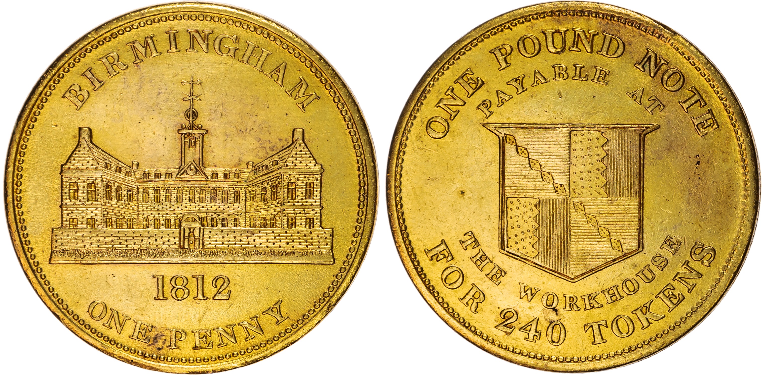 BIRMINGHAM, Warks. Workhouse Penny 1812, Another the same but GILDED 36mm/28.31gm. (W 394b; D 37v) . Uncircula…