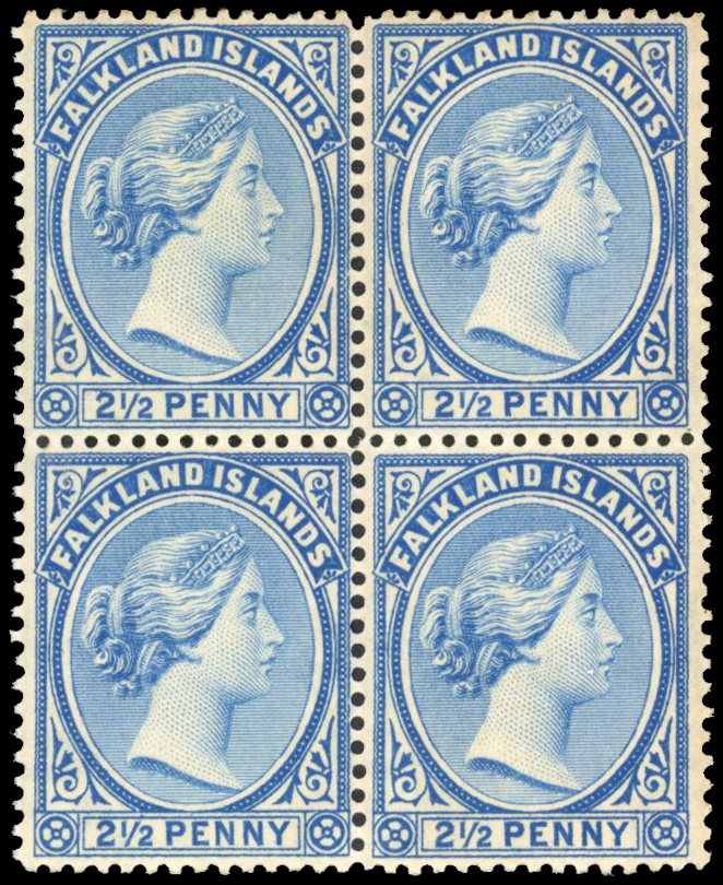 Falkland Islands 1891-1902 2½d dull blue, block of four SG 28 RPS cert