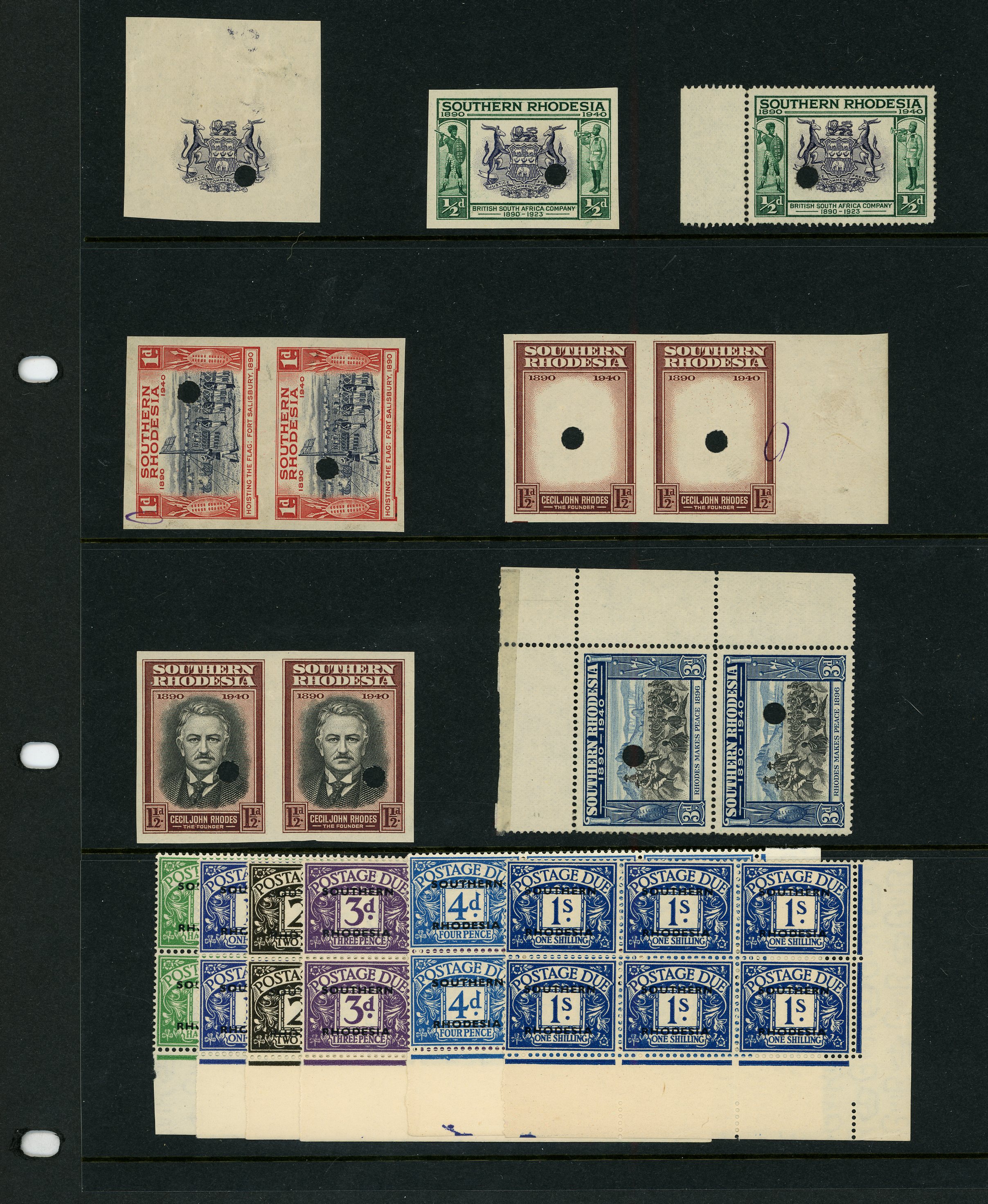 S RHODESIA: 1940 BASC Golden Jubilee proofs with punch holes, singles of ½d central vignette, imperf and perforated, 
