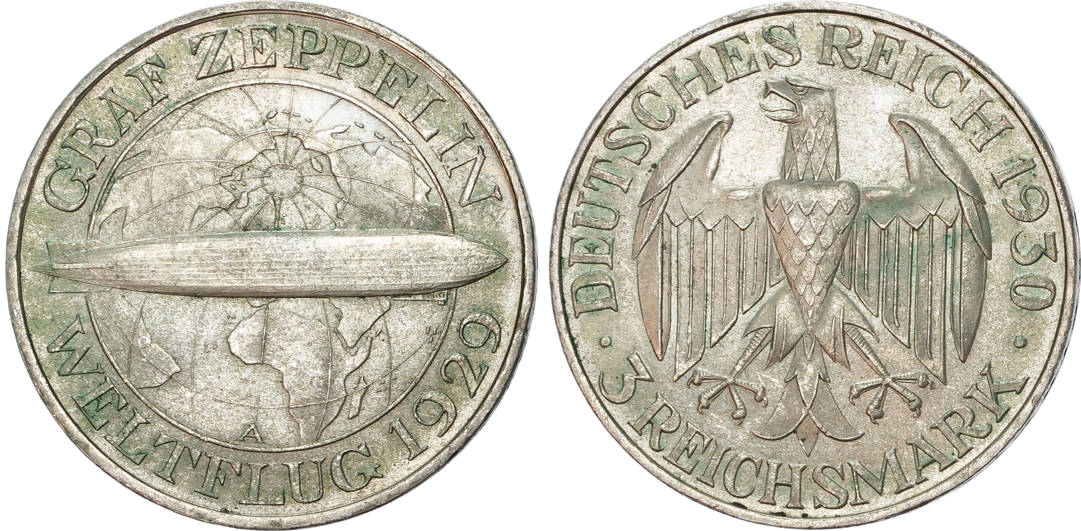 Germany, Weimar Republic (1913-1933), World Flight of the Graf Zeppelin, silver 3 Reichsmark (2).