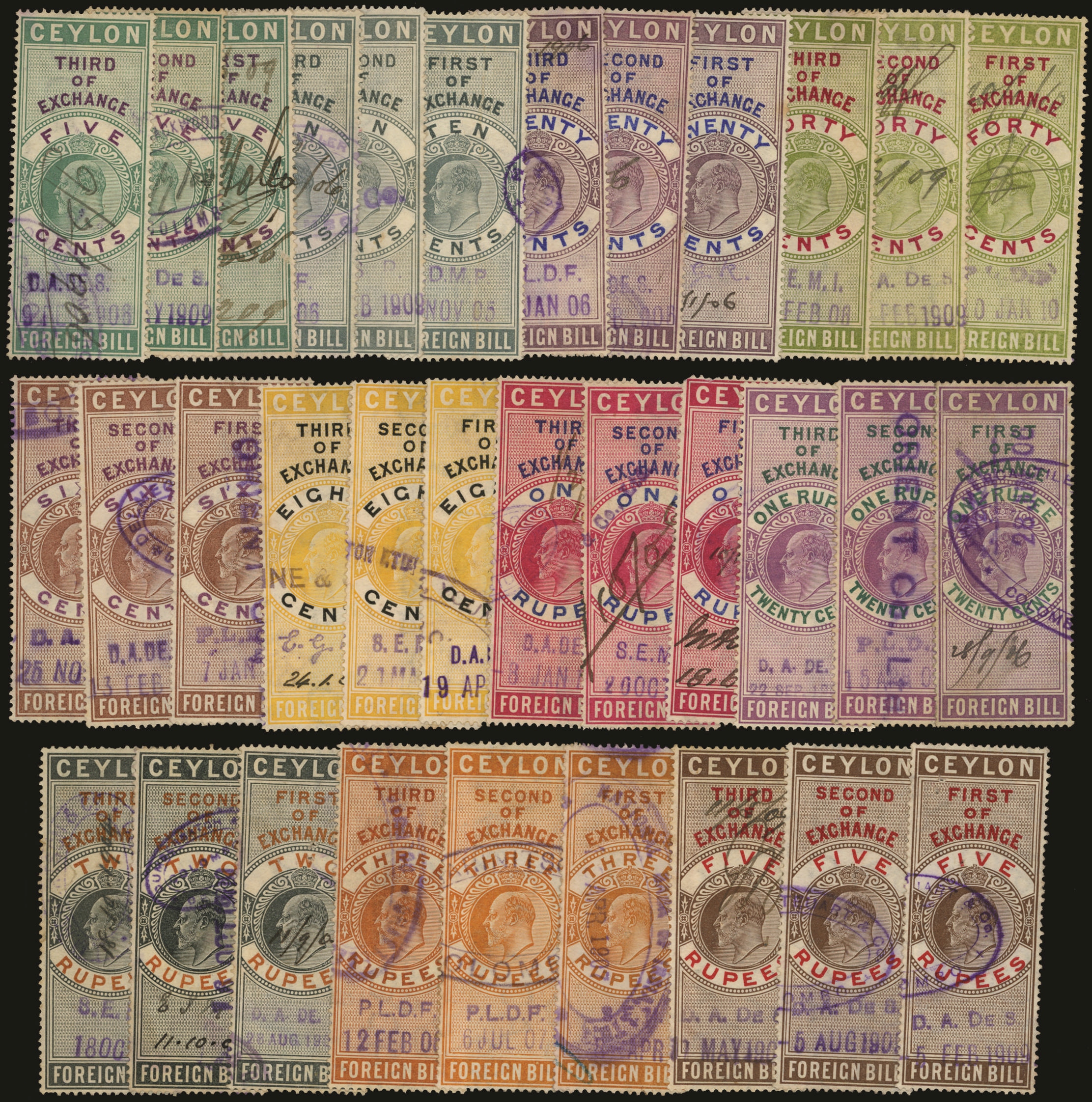 CEYLON 1905 Revenue Foreign Bill: KEVII complete set fine used