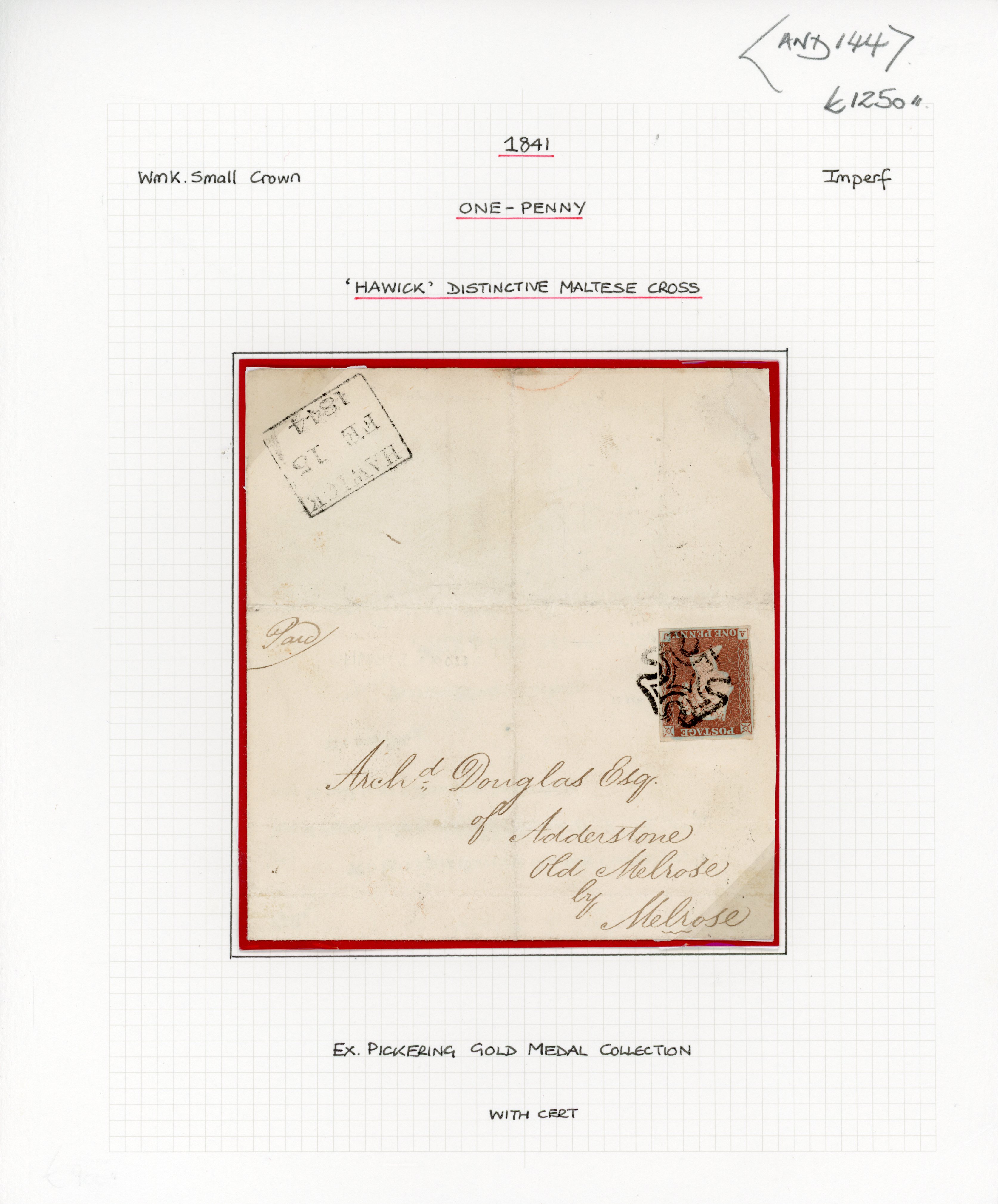 GB 1841 1d red-brown on circular, distinctive Hawick MC