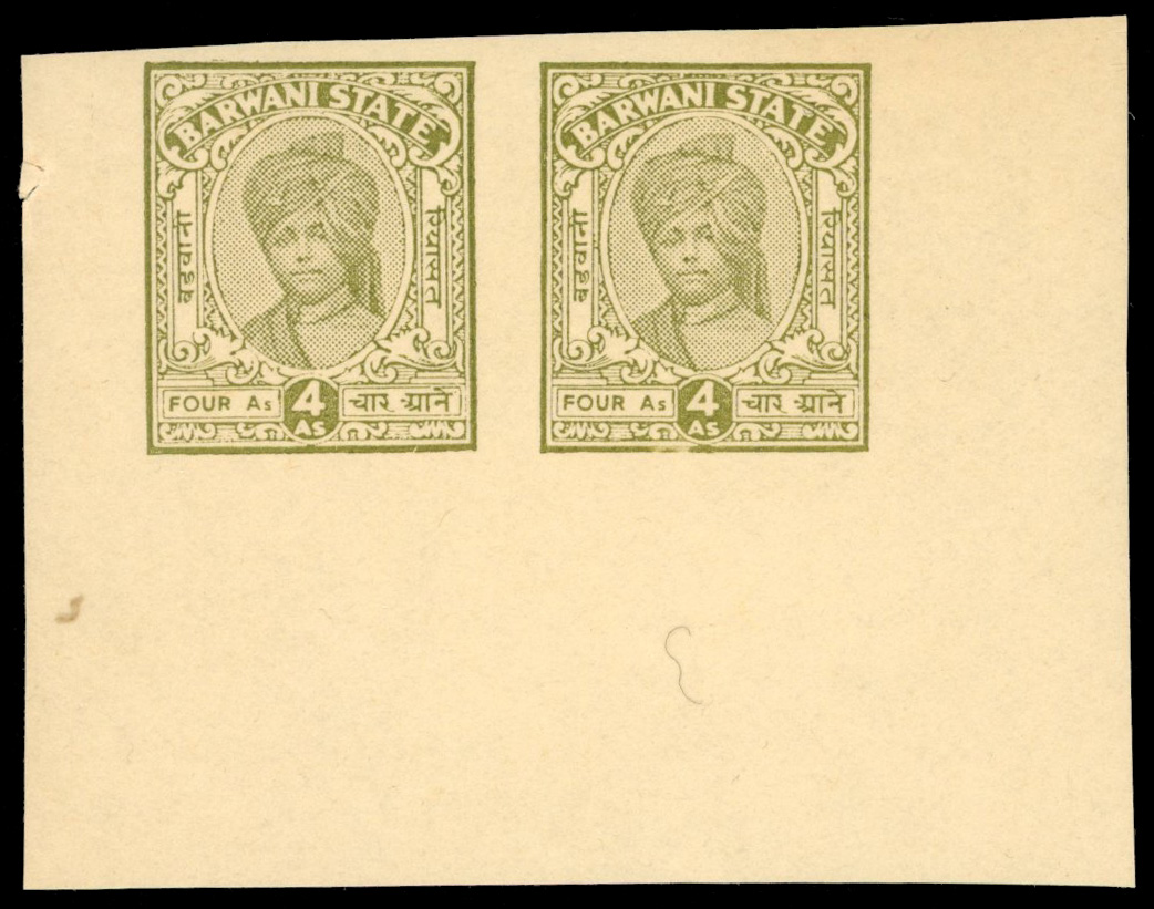 I.F.S. Barwani SG 36A,var 4a imperf plate proof pair 