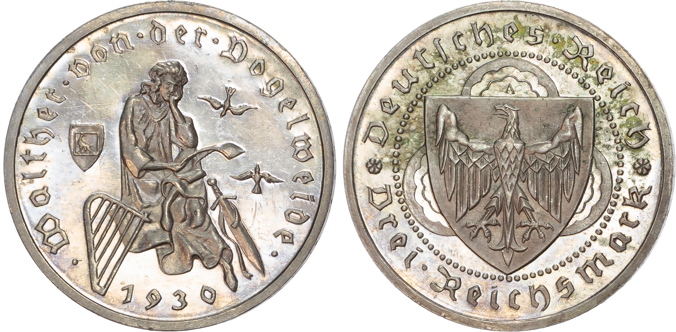Germany, Weimar Republic (1913-1933), 700th Anniversary Death of Von Der Vogelweide, Proof silver 3 Reichsmark.
