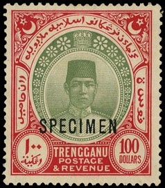 1921-41 $100 green and scarlet overprinted SPECIMEN Type D12, o.g., with a sharp crease which barely affects the...