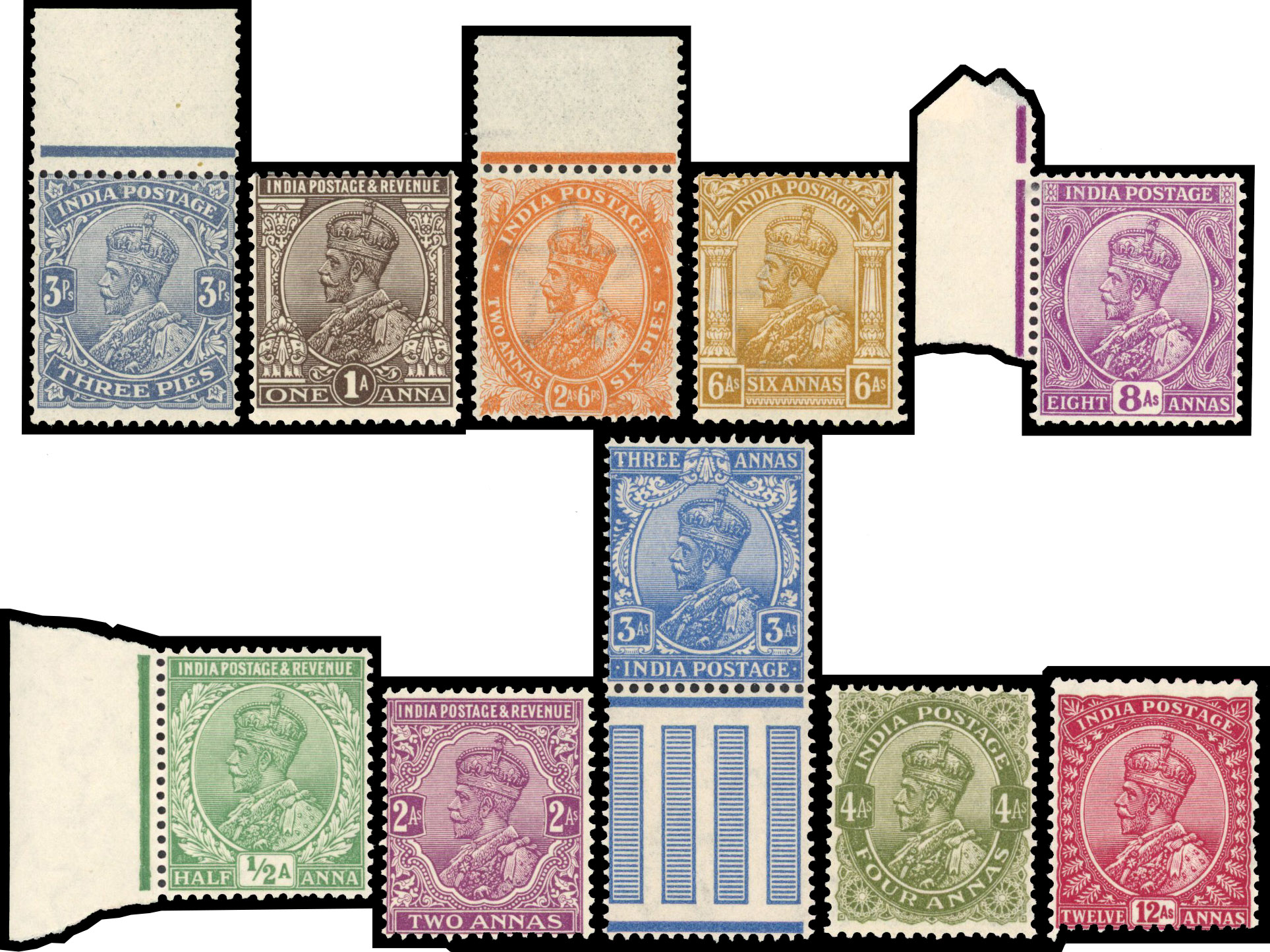1911 10r,15r and 25r all marginal examples plus 1926 1r and 2r, the 5r with watermark inverted plus a few mixed low values