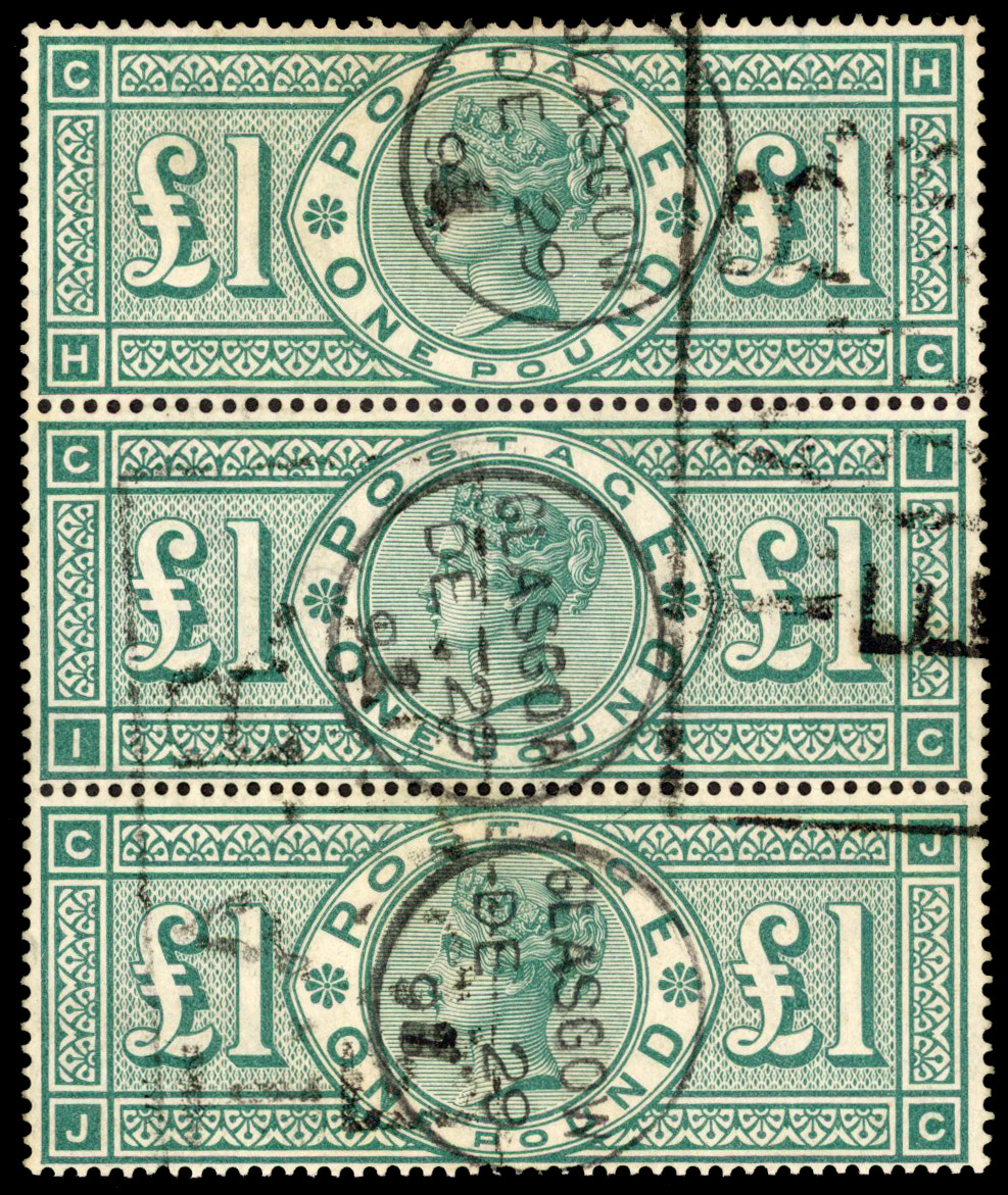 1891 £1 Green (Plate 3, HC-JC). Used strip