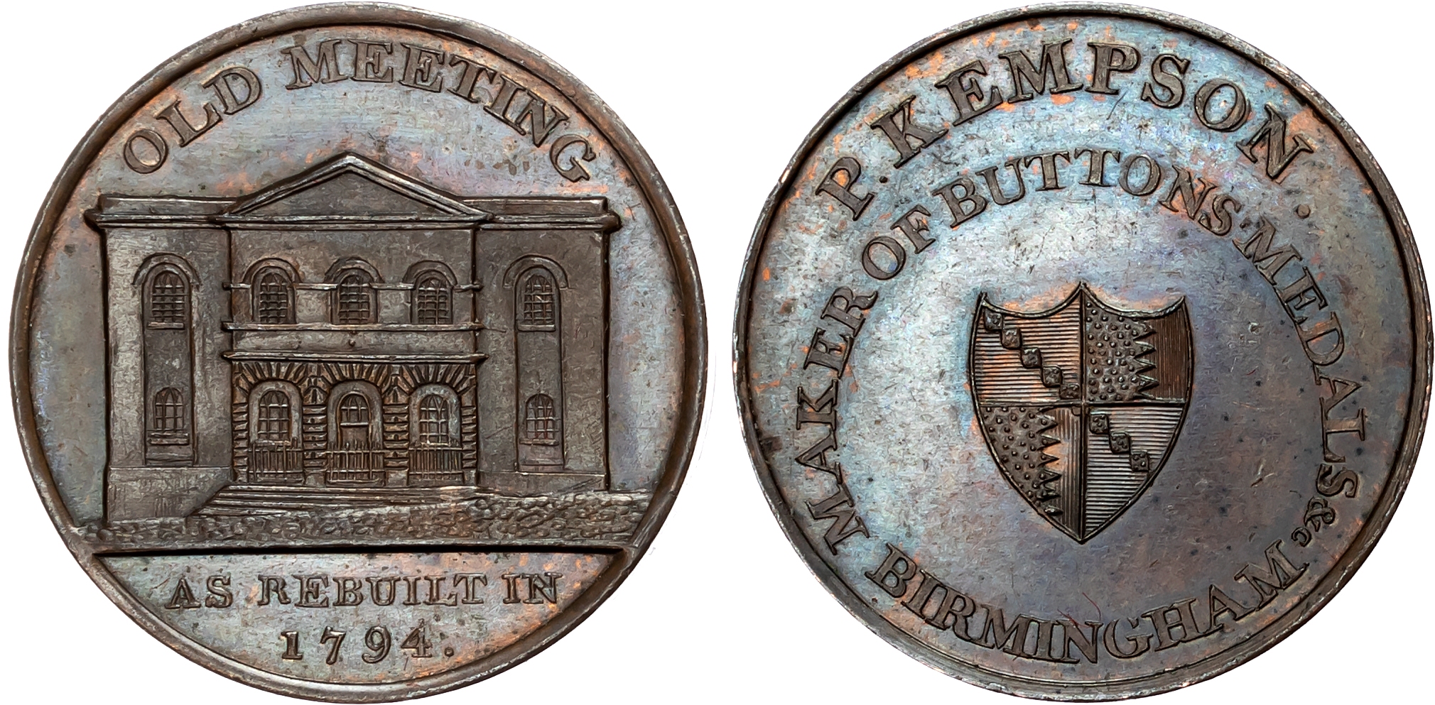 Warks. Birmingham , P Kempson’s Series of Birmingham Buildings Halfpence, St. Bartholomew’s Chapel, edge plain, 29.1mm/1 …