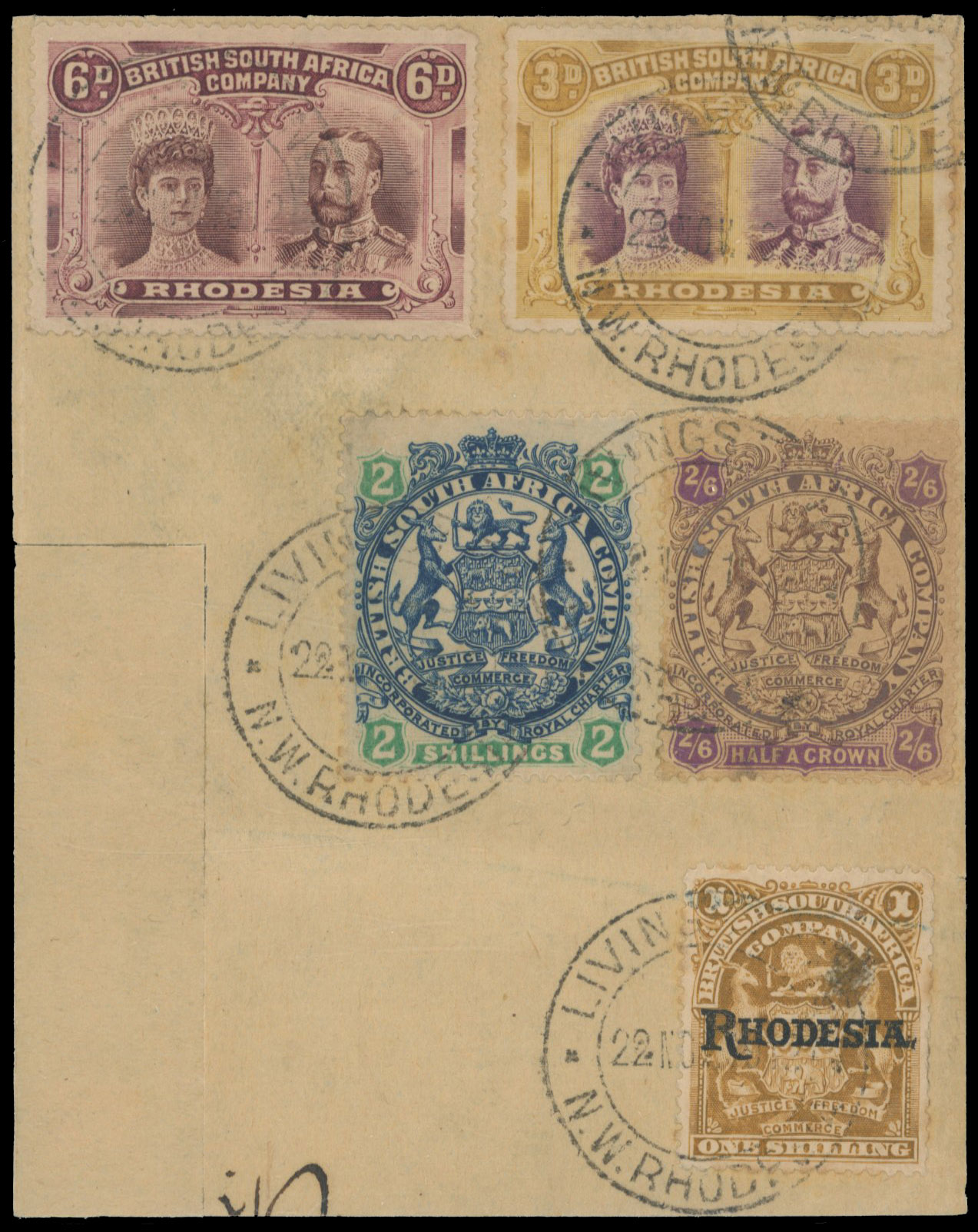 3d SG 136 and 6d RSC E on piece with earlier values, Livingstone DCs