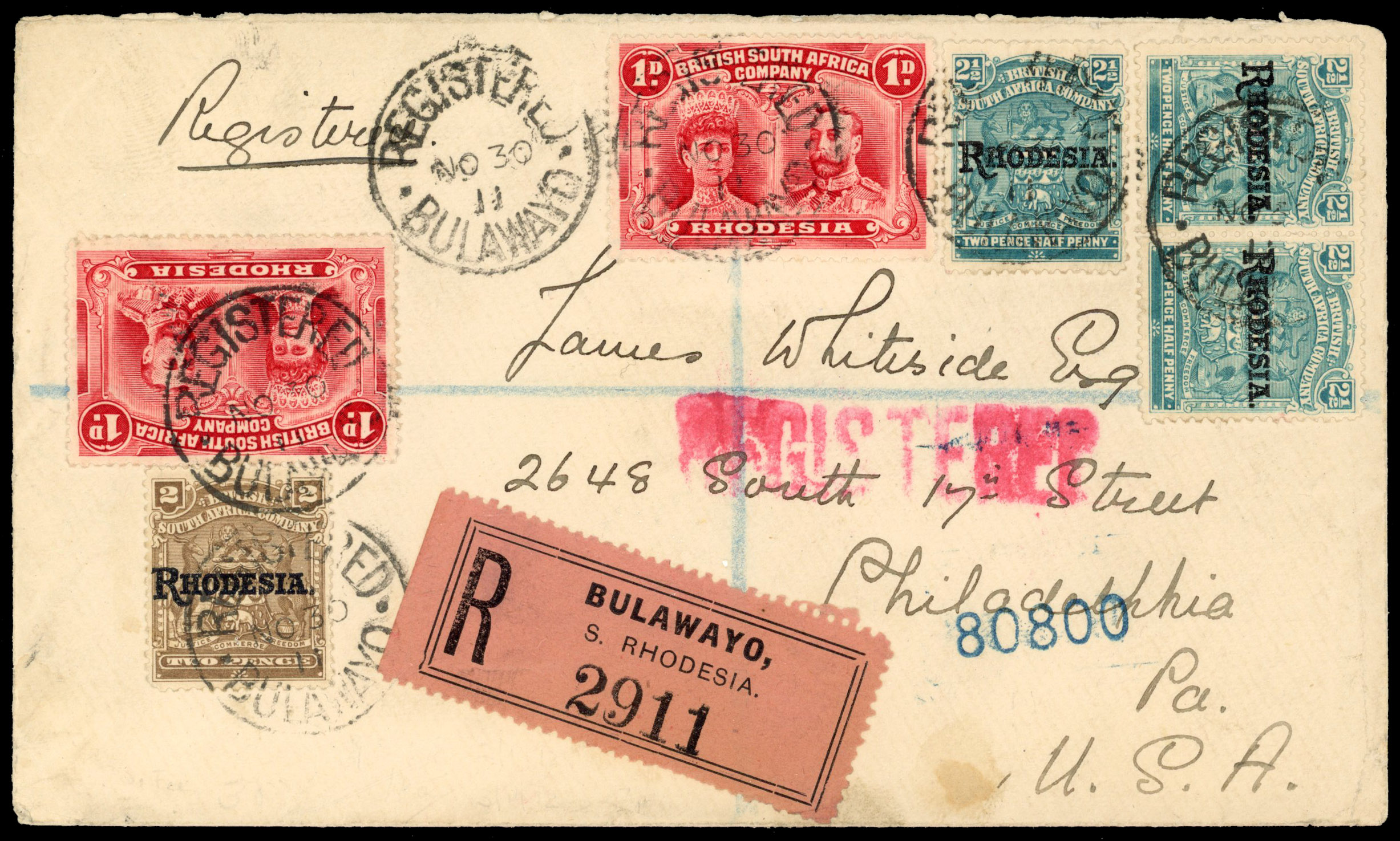 1d carmine-red (two) SG 124 on registered cover to USA