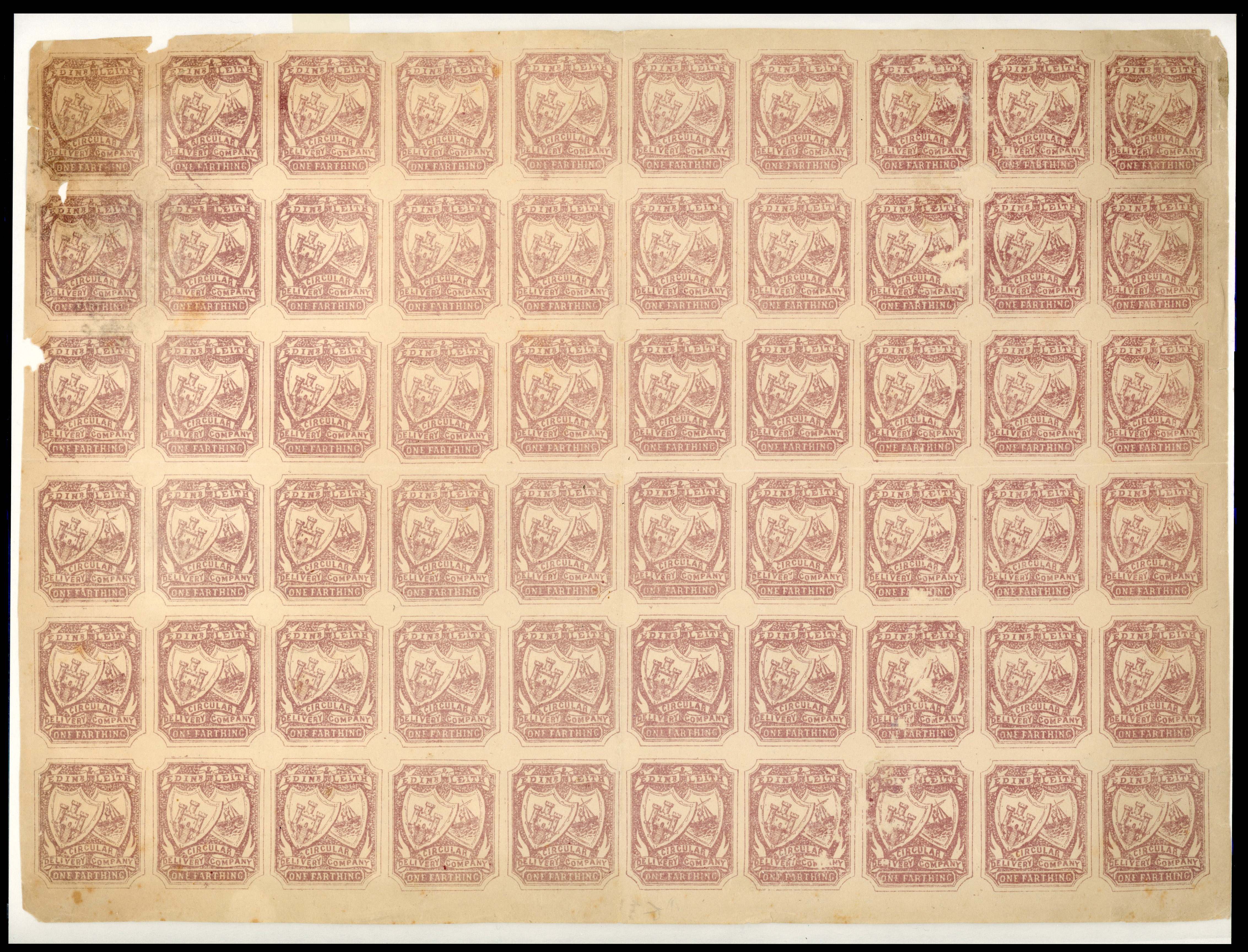 GB Circular Delivery Companies. Edinburgh and Leith 1865-66 ¼d grey-lilac, mint no gum imperforate sheet of sixty