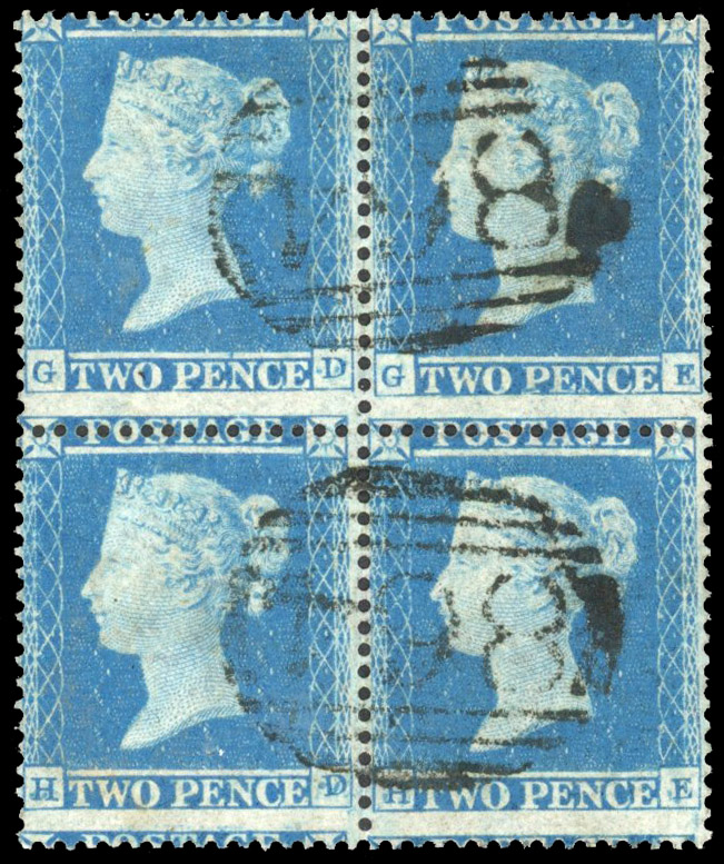 SG 20 1854 2d pale blue Plate 4block used