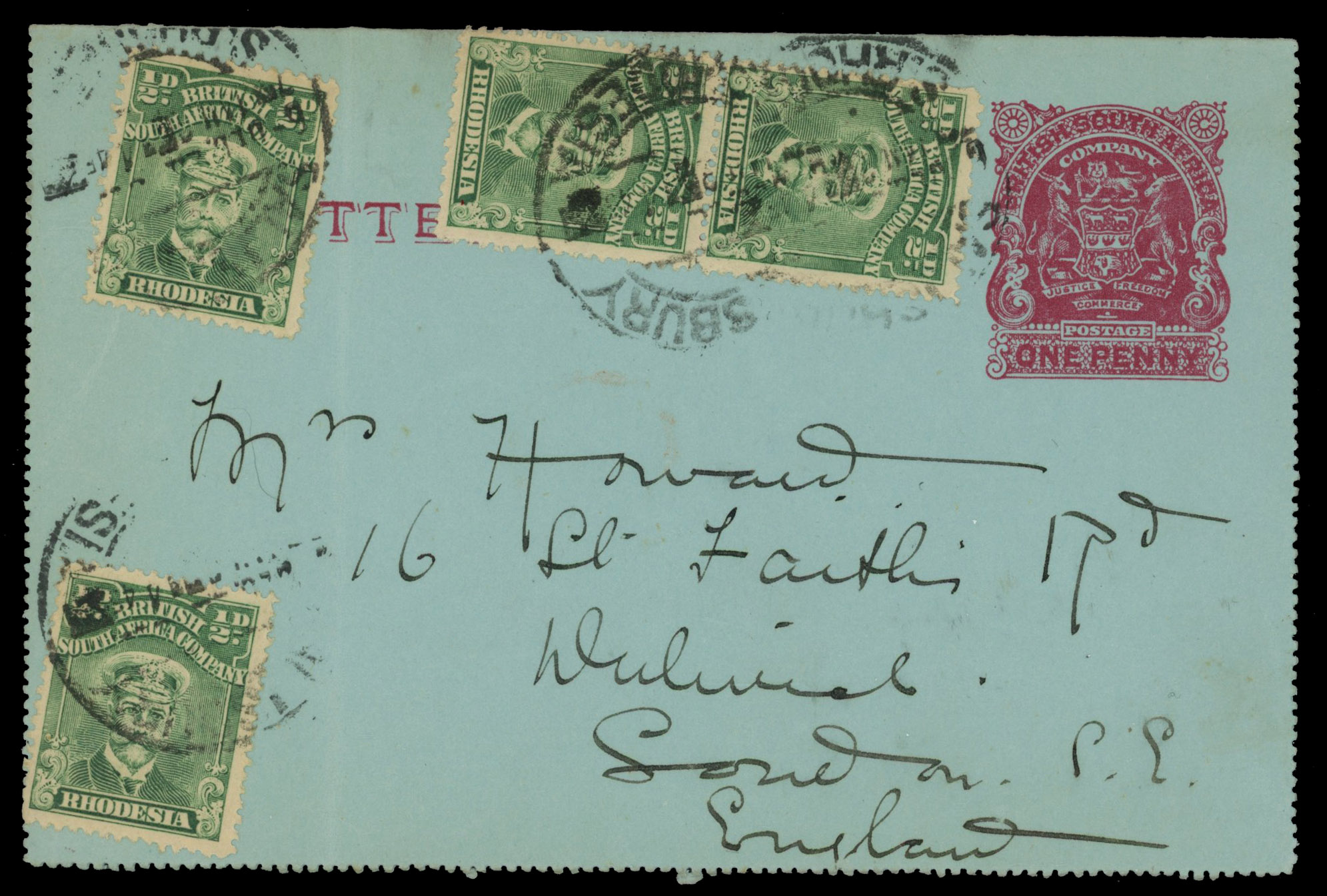 Rhodesia 1914 1d Arms uprated postal stationery lettercard to England