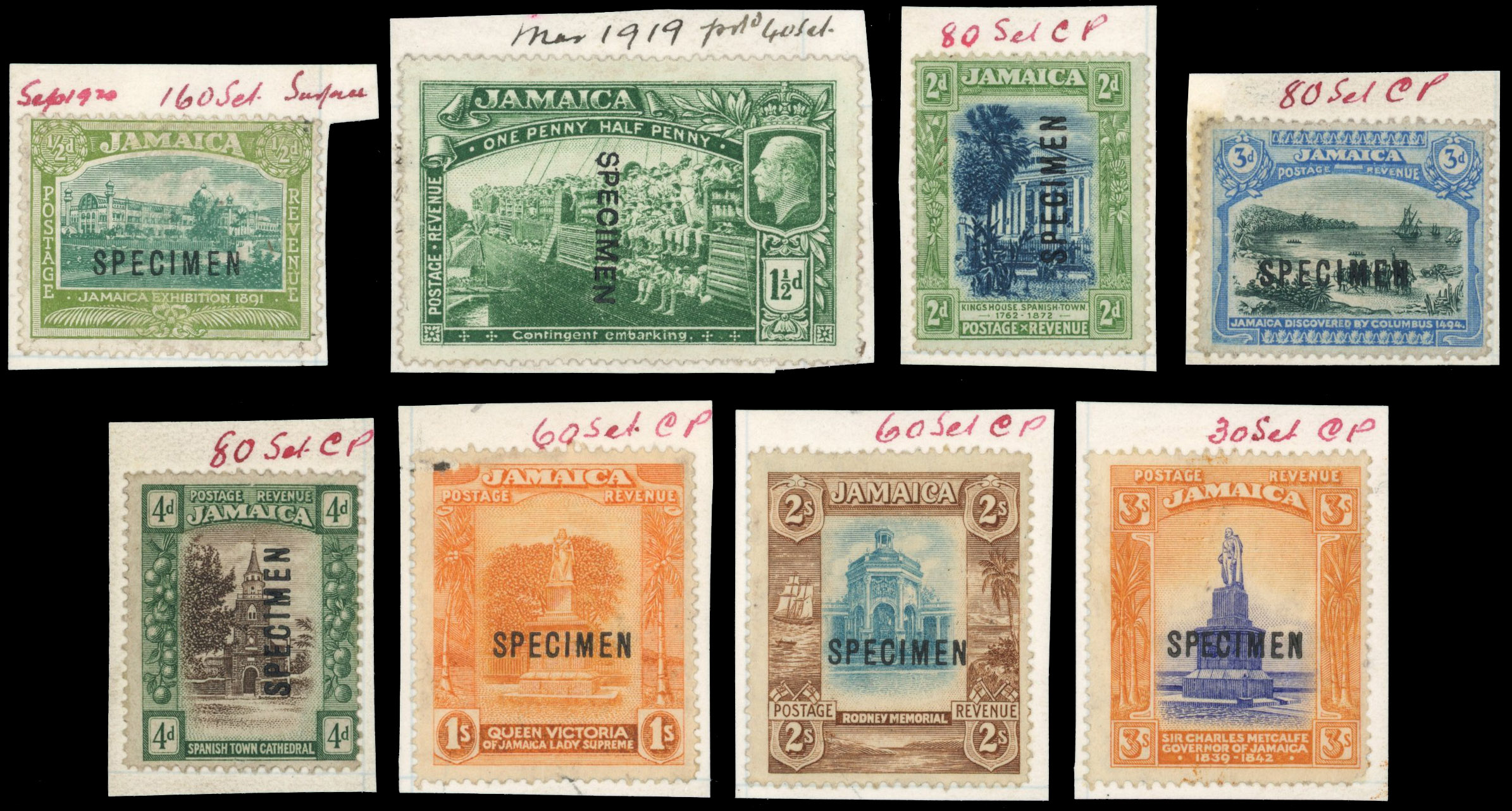 Jamaica 1919-21 part set of 10 to 10s opt 'SPECIMEN' from the DLR day book, Btwn SG 78/89var.
