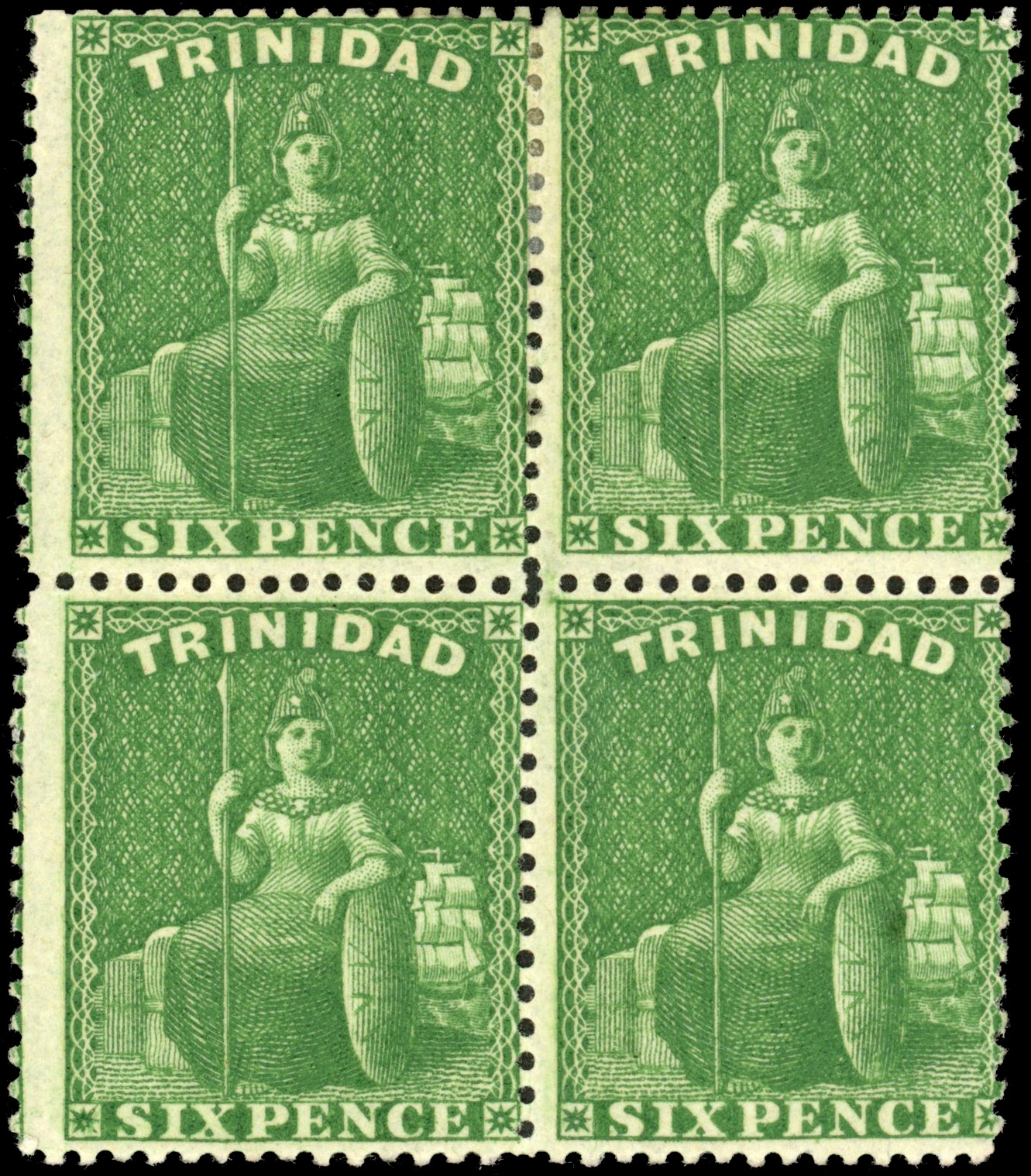 Trinidad 1860 6d bright yellow-green, block of 4, mint, SG 49