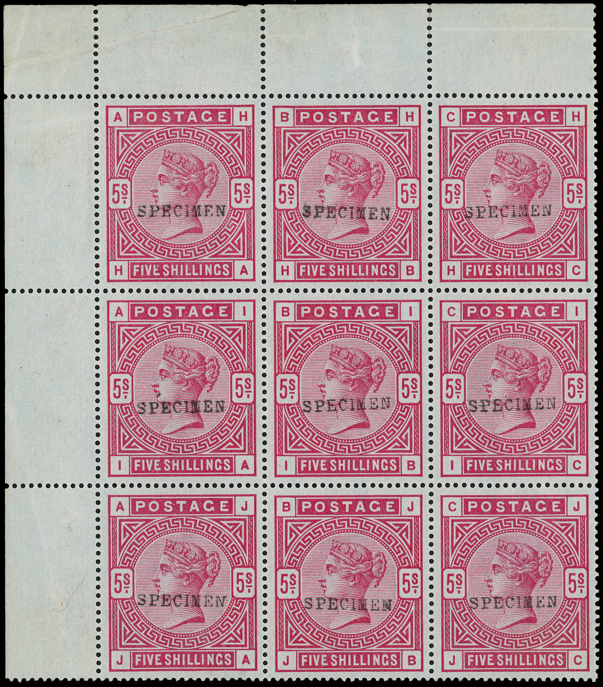 Great Britain 1884 5s Rose (Blued paper) "SPECIMEN". Superb unused o.g. corner marginal block of...