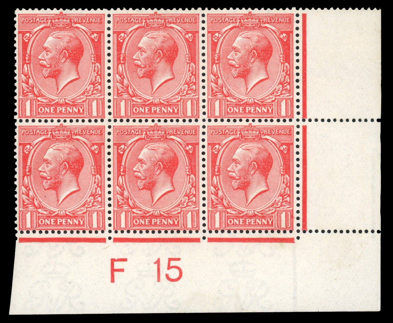 GB: 1912-24 1d pale rose carmine, mint unmounted o.g. control F15 block of six with lovely colour