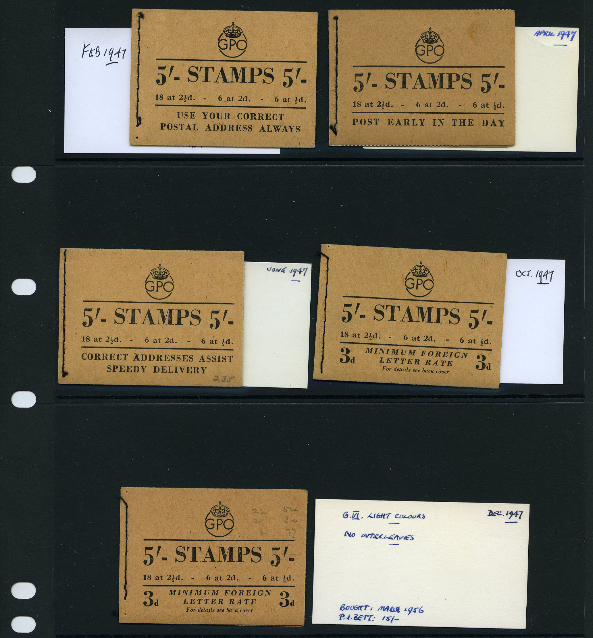 1947 5/- booklet group, mixed perfs...