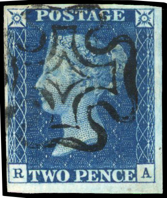 1840 2d blue, Plate 1 (RA), close to very large margins, cancelled