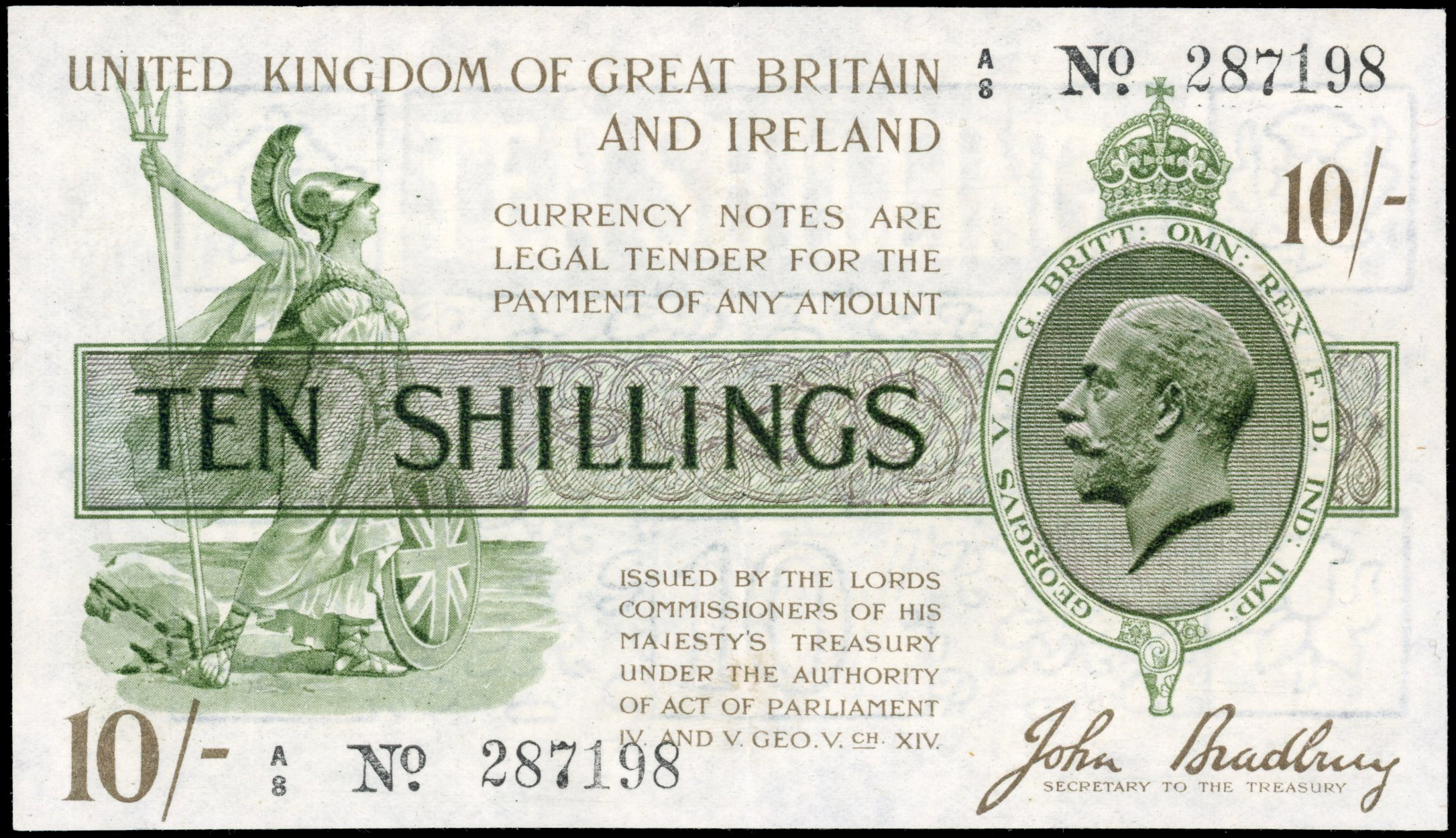 Third Issue, J. Bradbury, (third issue), Ten Shillings, Oct. 1918, A/8 287198, (Dugg. T17). Very slight trace …
