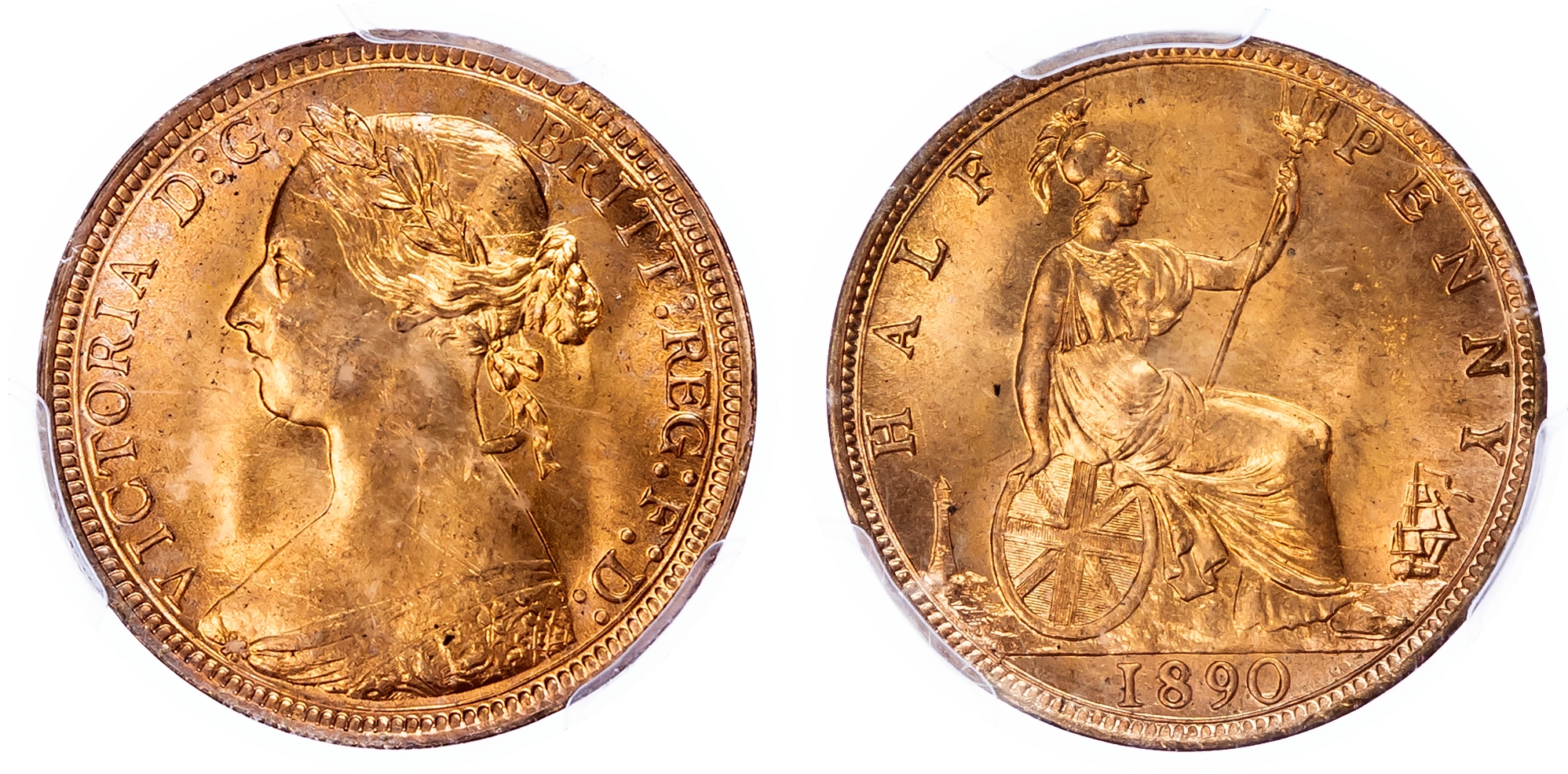 Victoria (1837-1901), Halfpenny, 1890. PCGS MS64 RD
