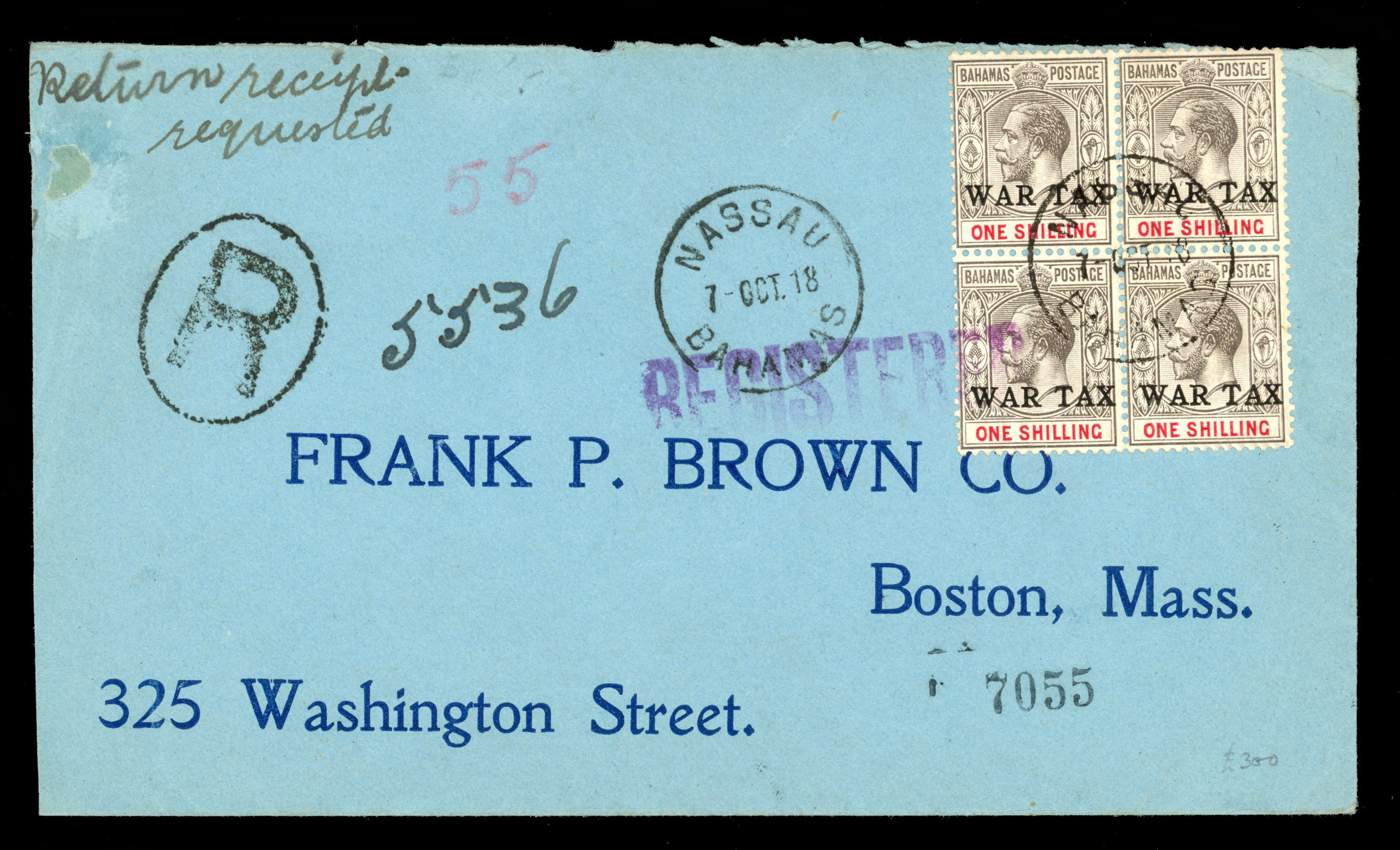 Bahamas 1918 registered 1s War Tax block of four